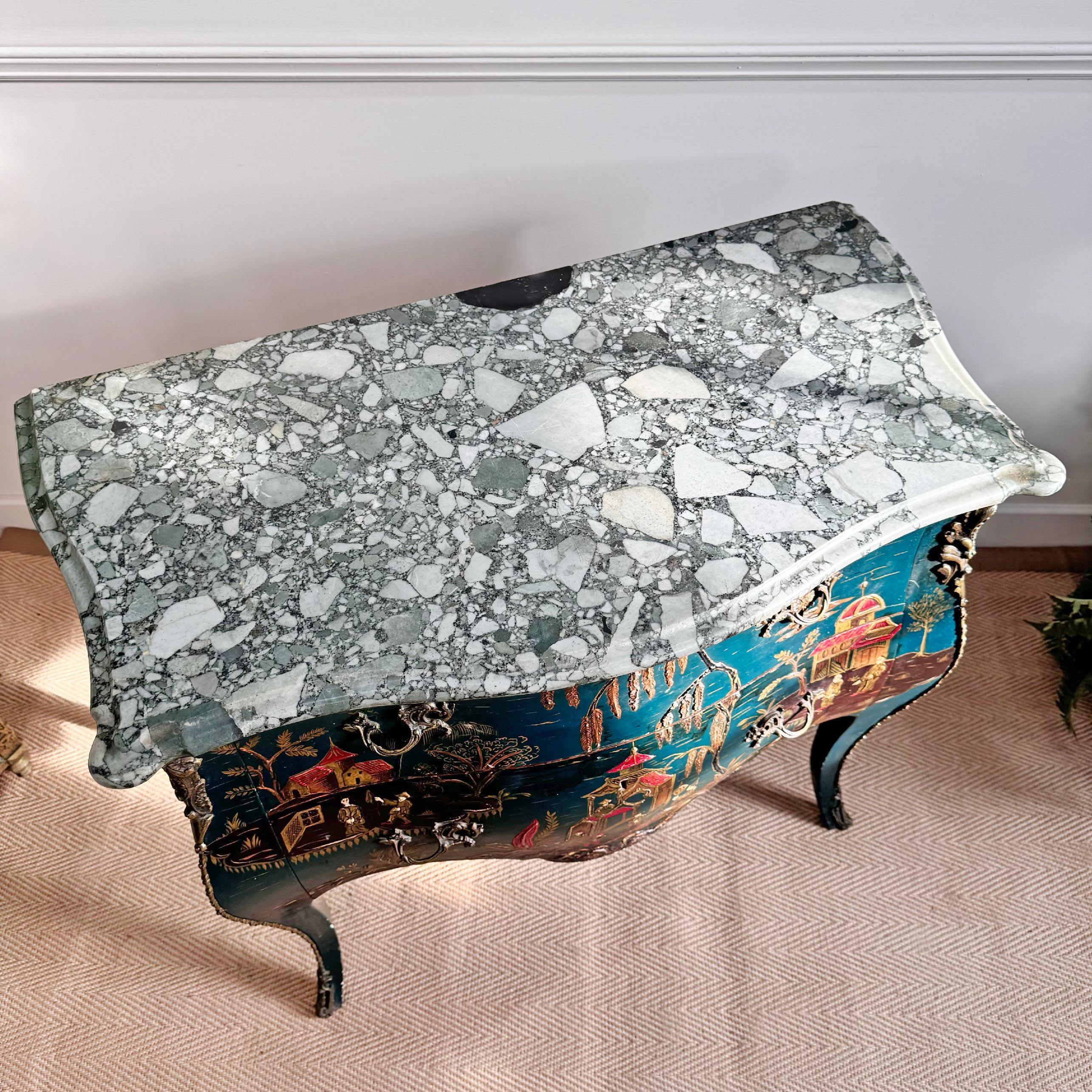 Hand-Crafted 19th Century Louis XV Style French Dark Ocean Blue Chinoiserie Commode For Sale