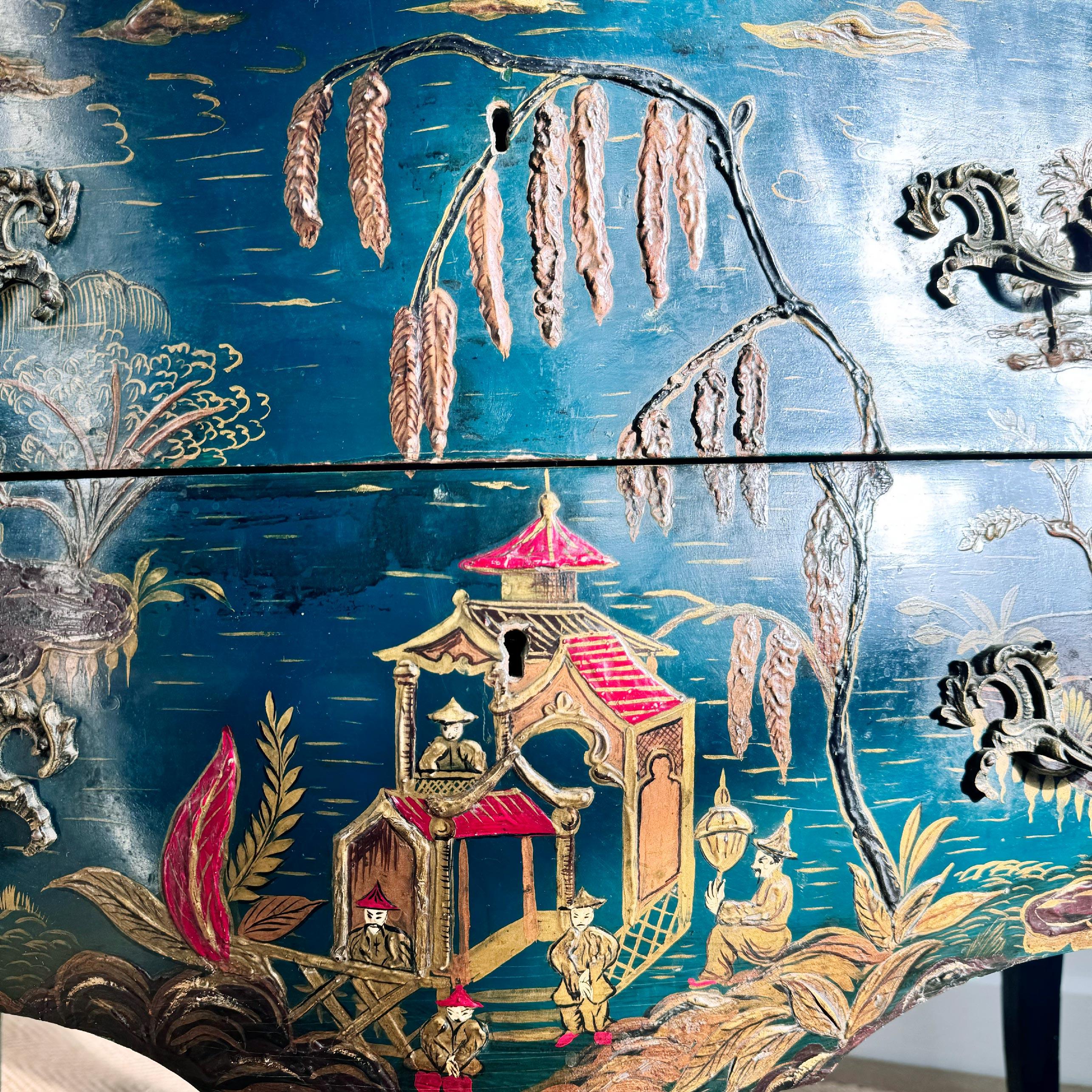 19th Century Louis XV Style French Dark Ocean Blue Chinoiserie Commode In Good Condition For Sale In Hastings, GB