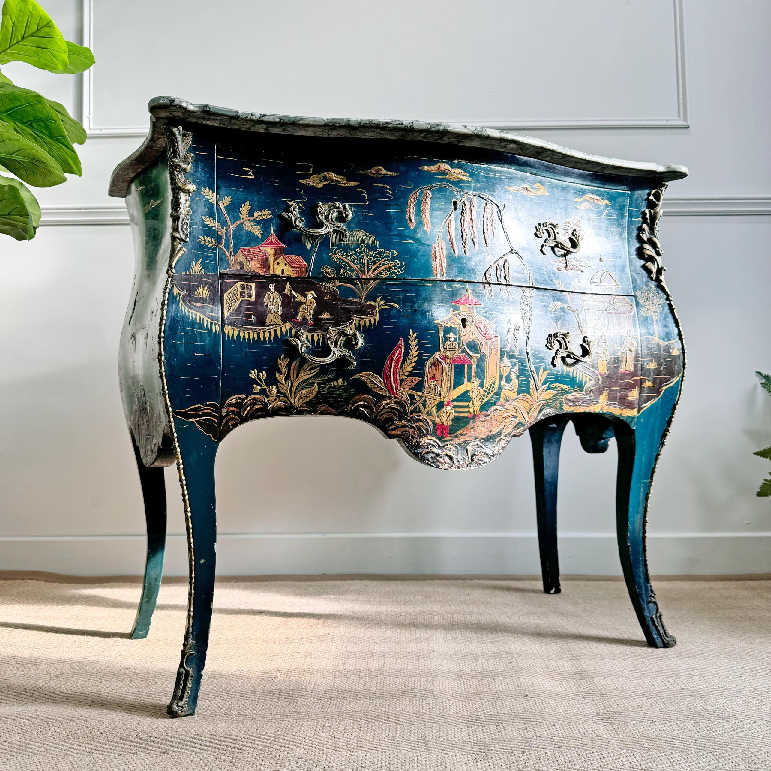 Pine 19th Century Louis XV Style French Dark Ocean Blue Chinoiserie Commode For Sale