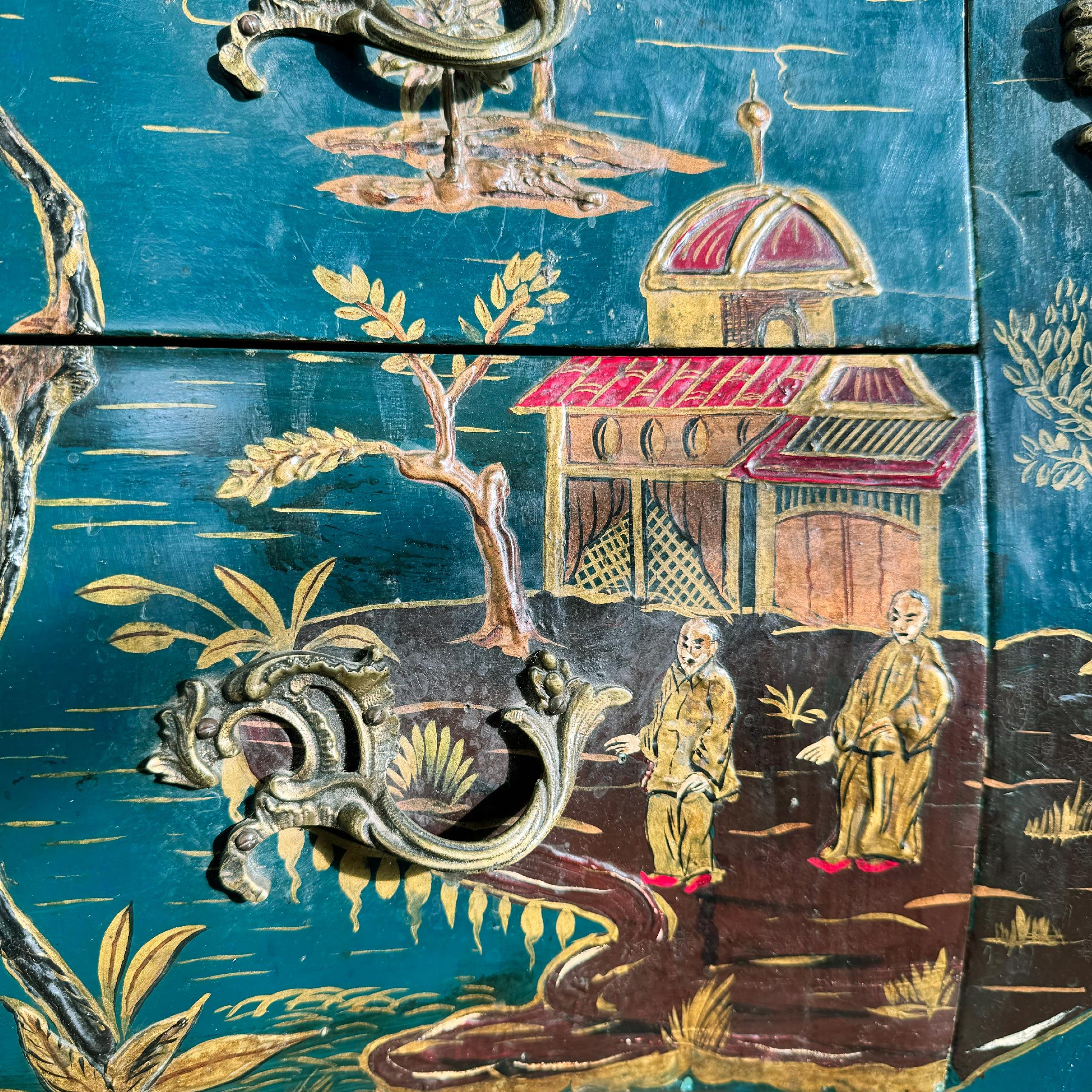 19th Century Louis XV Style French Dark Ocean Blue Chinoiserie Commode For Sale 1