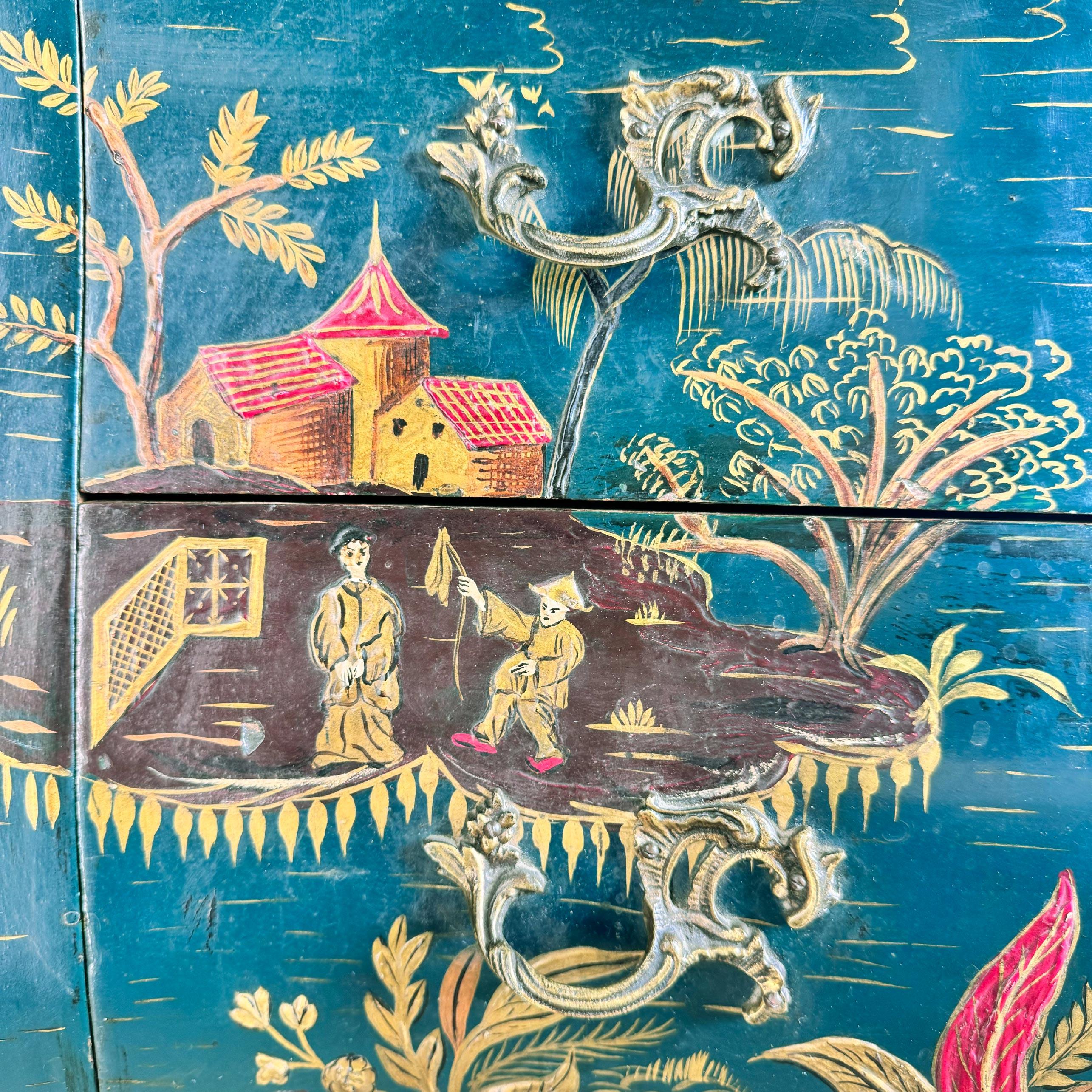 19th Century Louis XV Style French Dark Ocean Blue Chinoiserie Commode For Sale 3