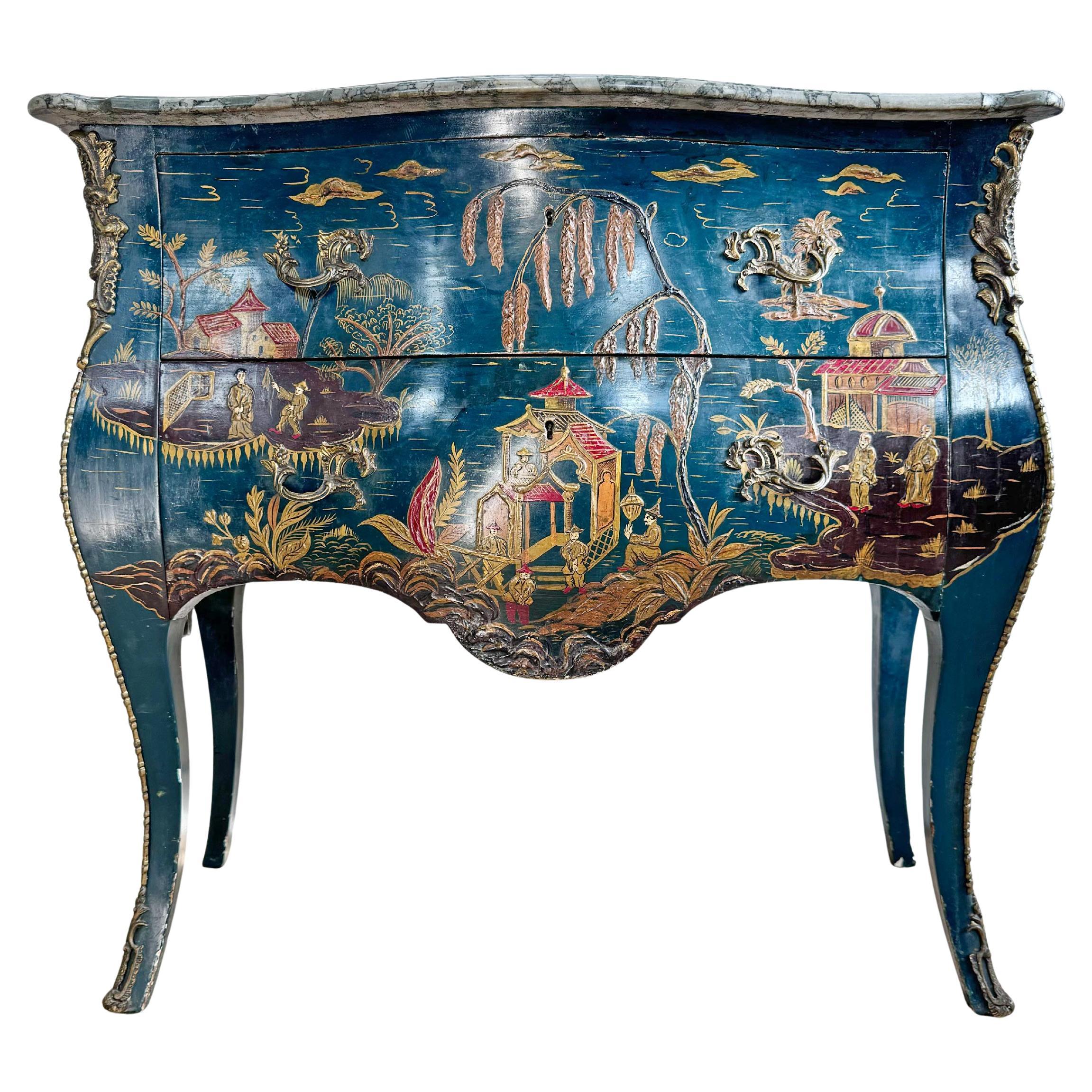 19th Century Louis XV Style French Dark Ocean Blue Chinoiserie Commode For Sale