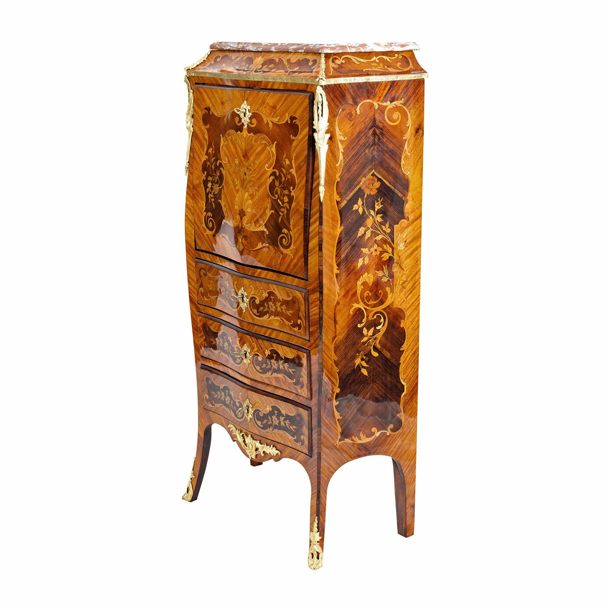 Polished 19th Century Louis XV Style French Marquetry and Bronze Ladies Secretaire Chest For Sale
