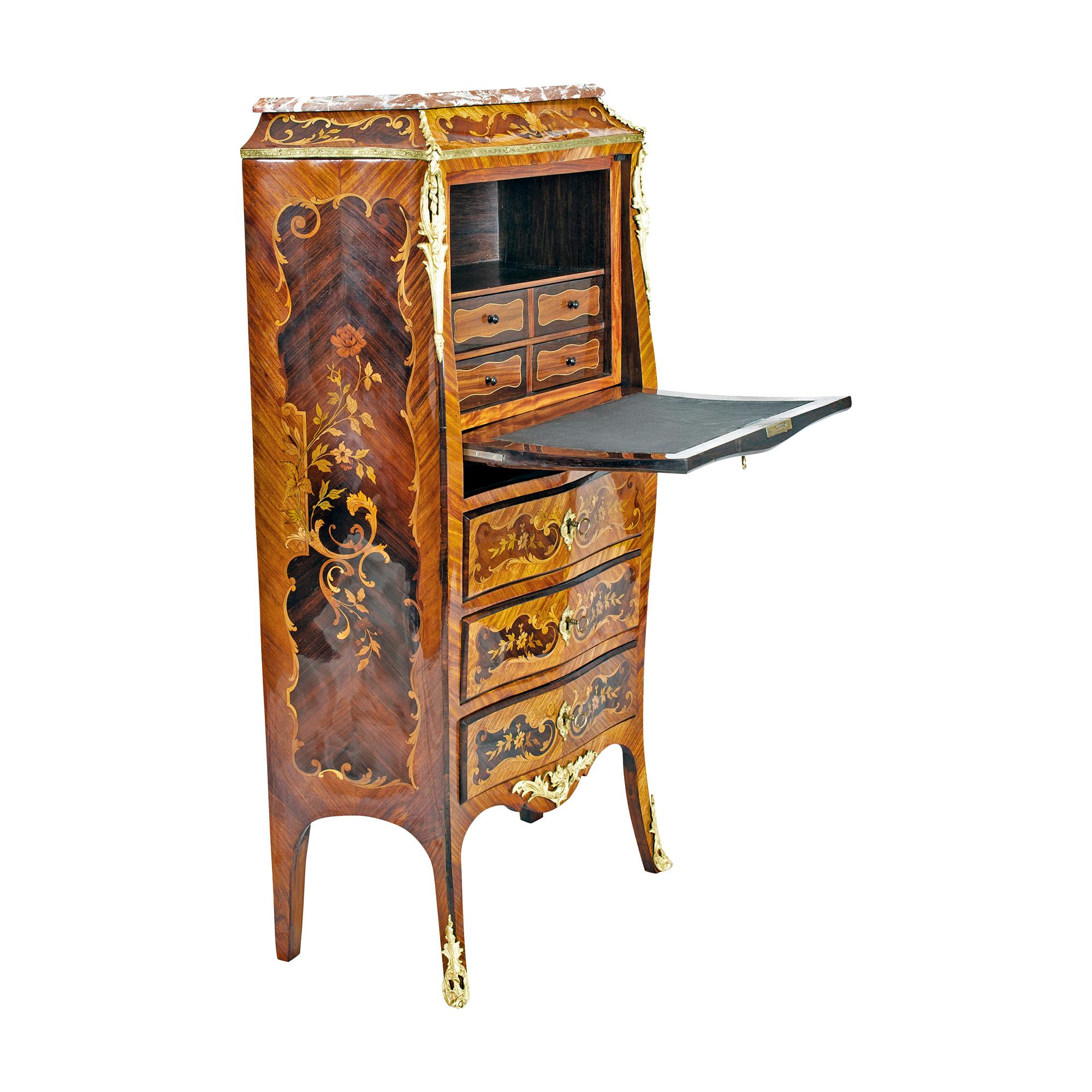 19th Century Louis XV Style French Marquetry and Bronze Ladies Secretaire Chest In Good Condition For Sale In Darmstadt, DE