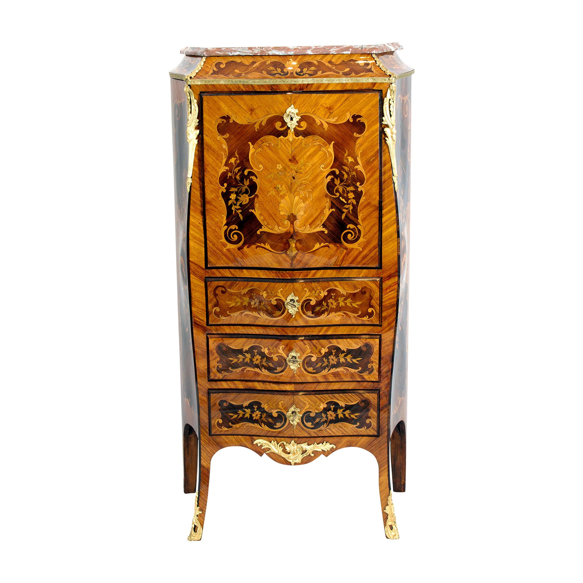 19th Century Louis XV Style French Marquetry and Bronze Ladies Secretaire Chest