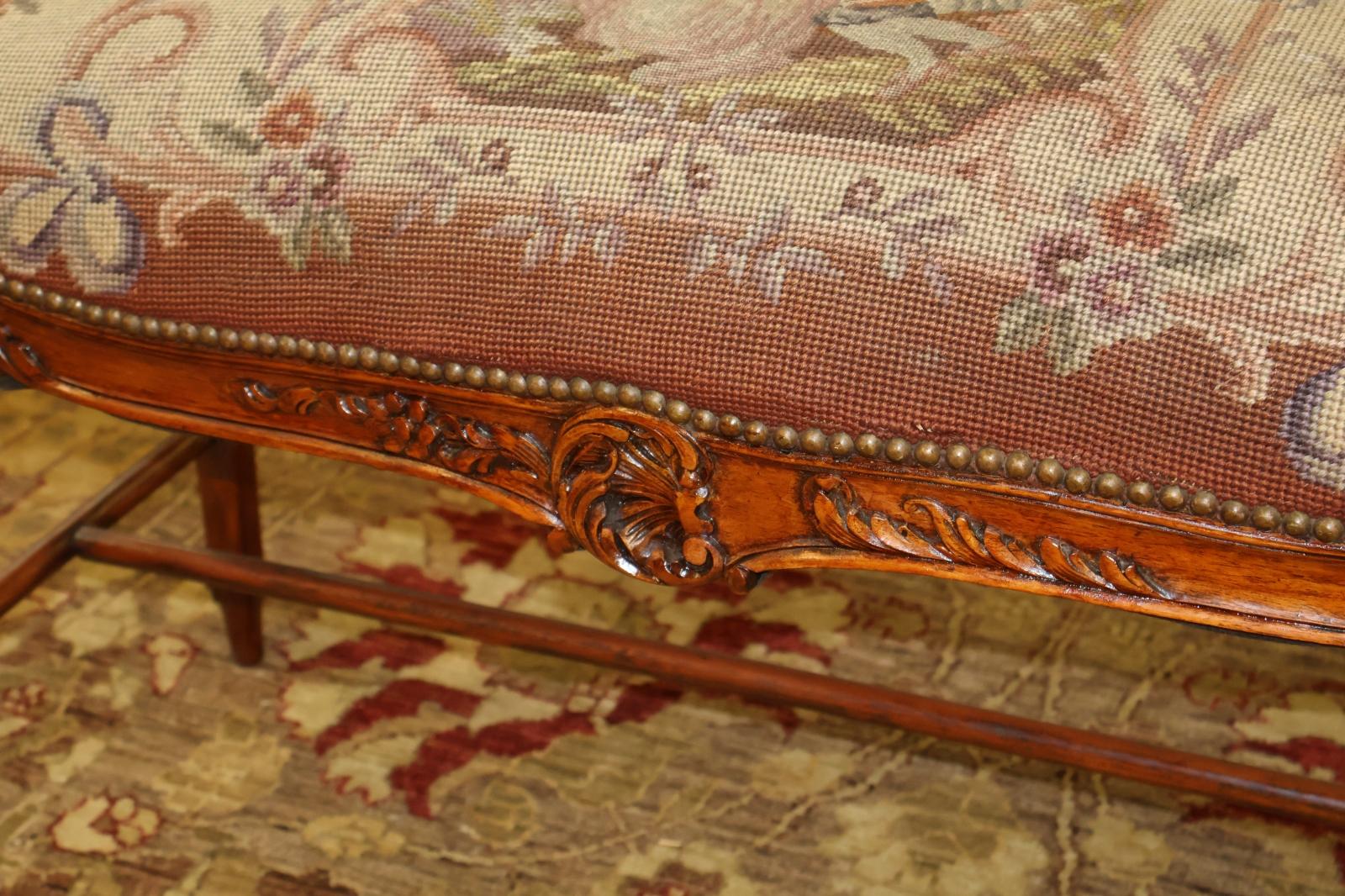 19th Century Louis XV Style French Walnut Needlepoint Petit Point Bench Stool For Sale 7