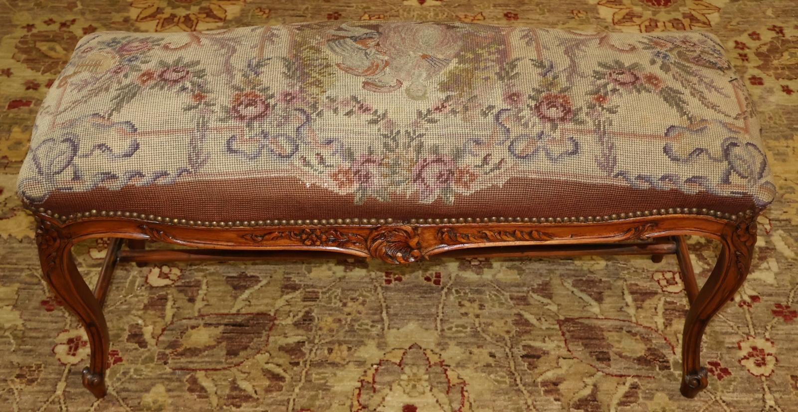 19th Century Louis XV Style French Walnut Needlepoint Petit Point Bench Stool For Sale 8