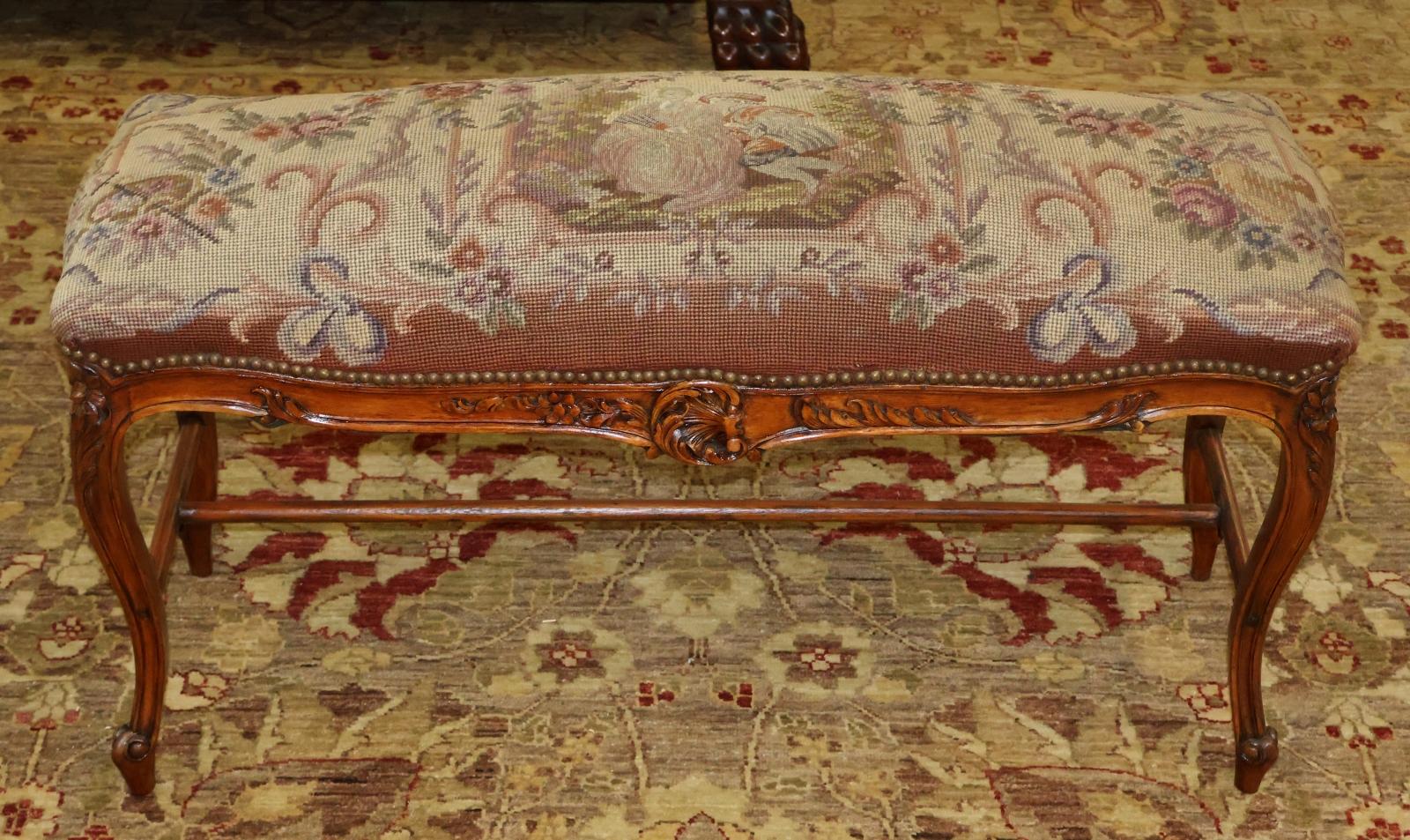 19th Century Louis XV Style French Walnut Needlepoint Petit Point Bench Stool In Good Condition For Sale In Long Branch, NJ