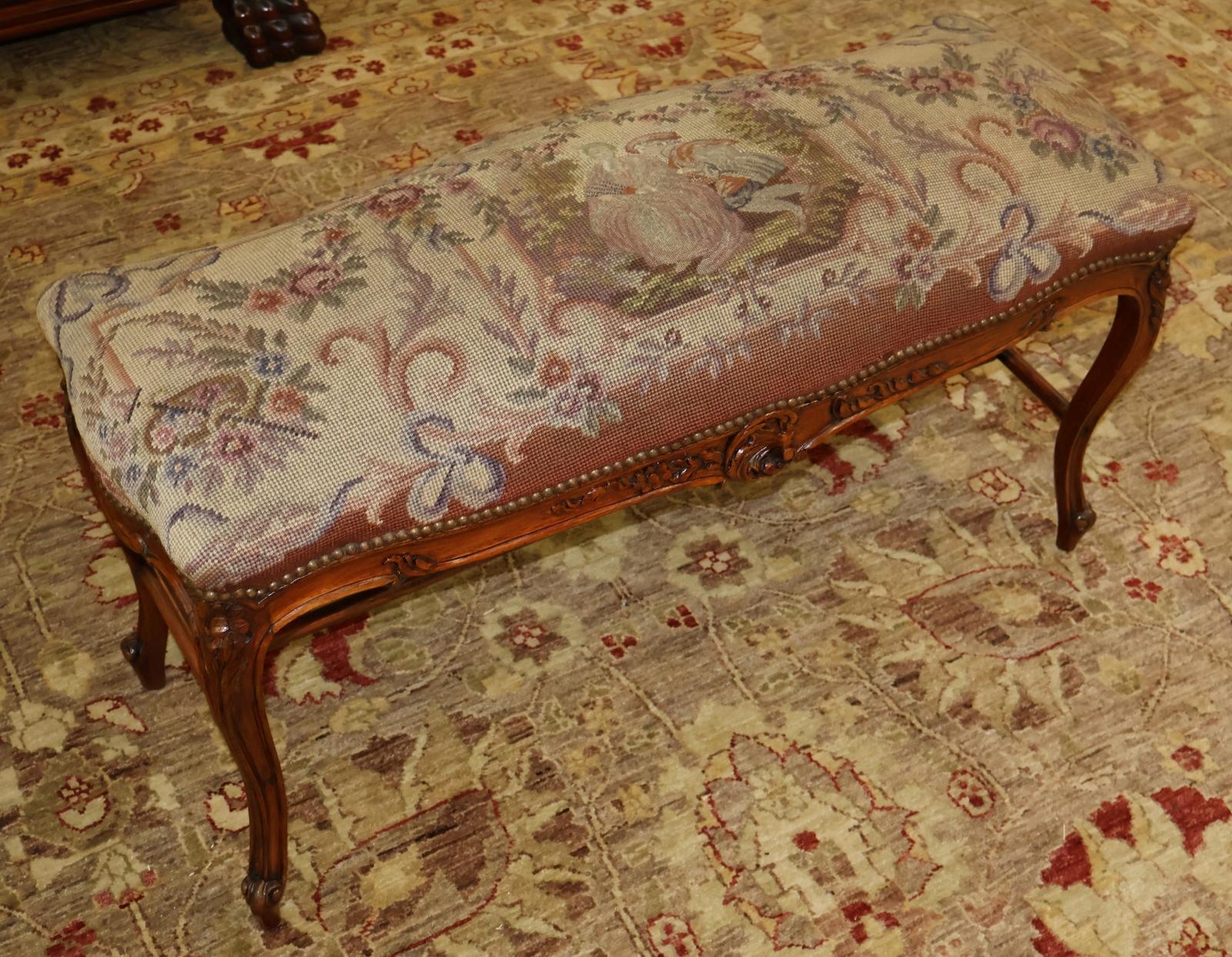 19th Century Louis XV Style French Walnut Needlepoint Petit Point Bench Stool For Sale 1