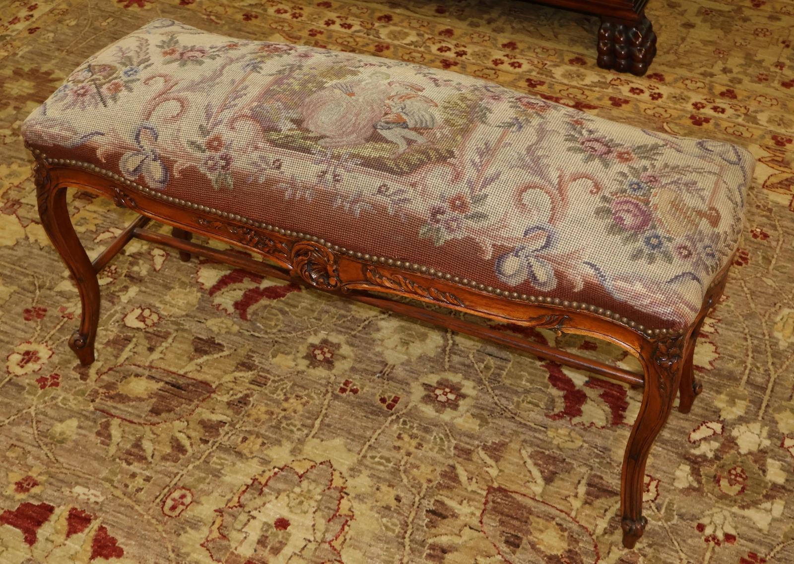 19th Century Louis XV Style French Walnut Needlepoint Petit Point Bench Stool For Sale 2