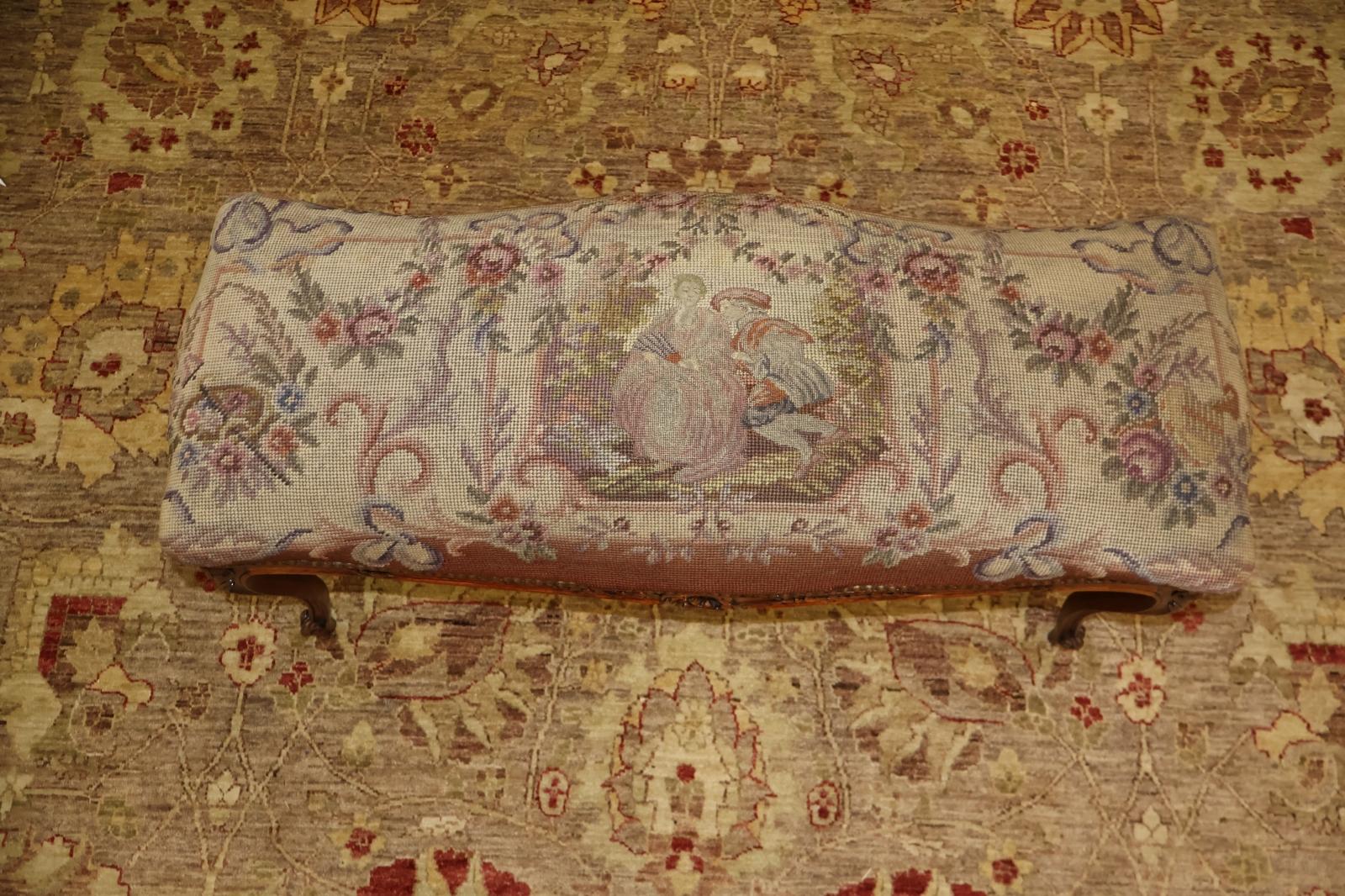 19th Century Louis XV Style French Walnut Needlepoint Petit Point Bench Stool For Sale 3