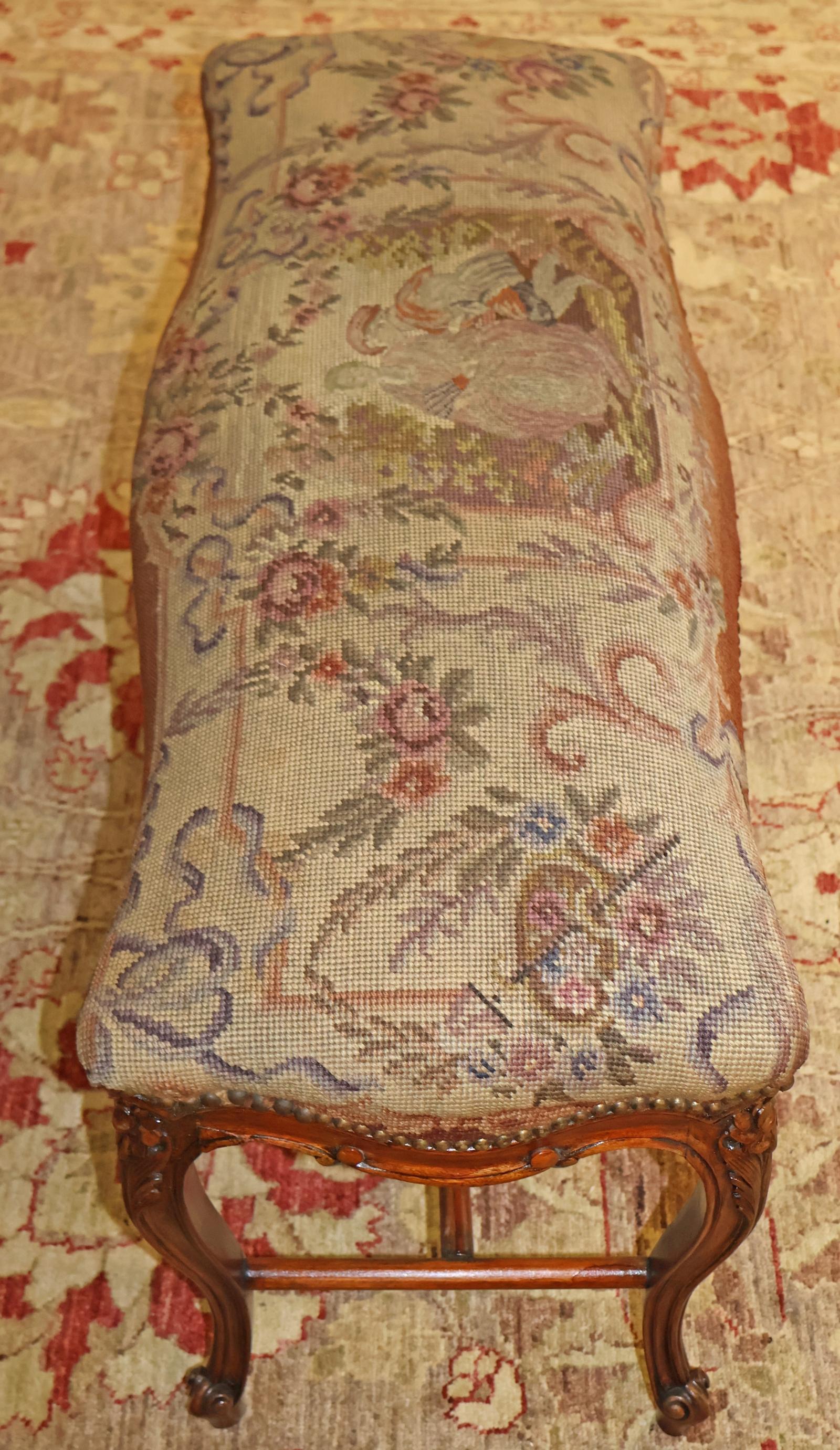 19th Century Louis XV Style French Walnut Needlepoint Petit Point Bench Stool For Sale 4