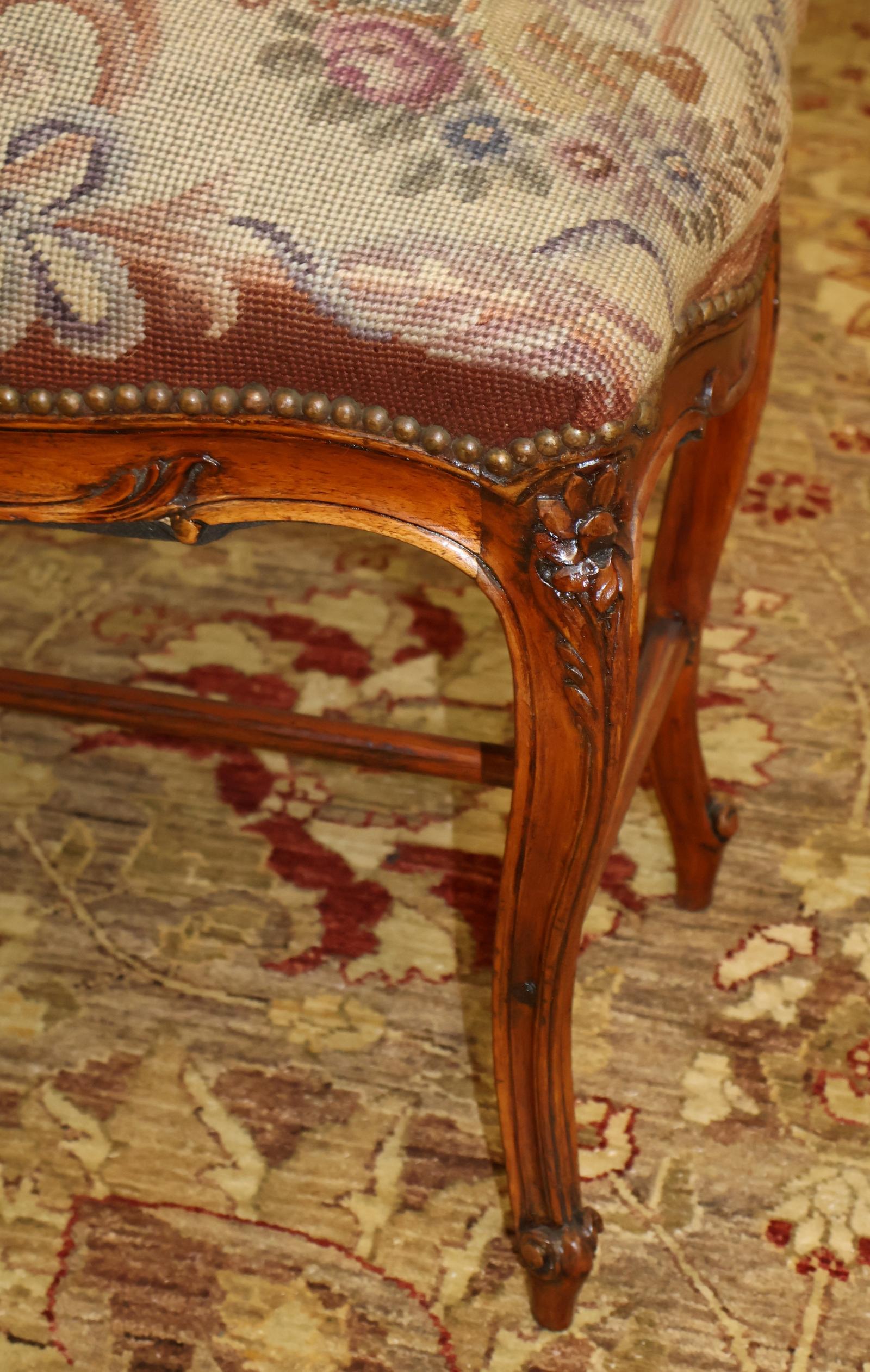 19th Century Louis XV Style French Walnut Needlepoint Petit Point Bench Stool For Sale 6