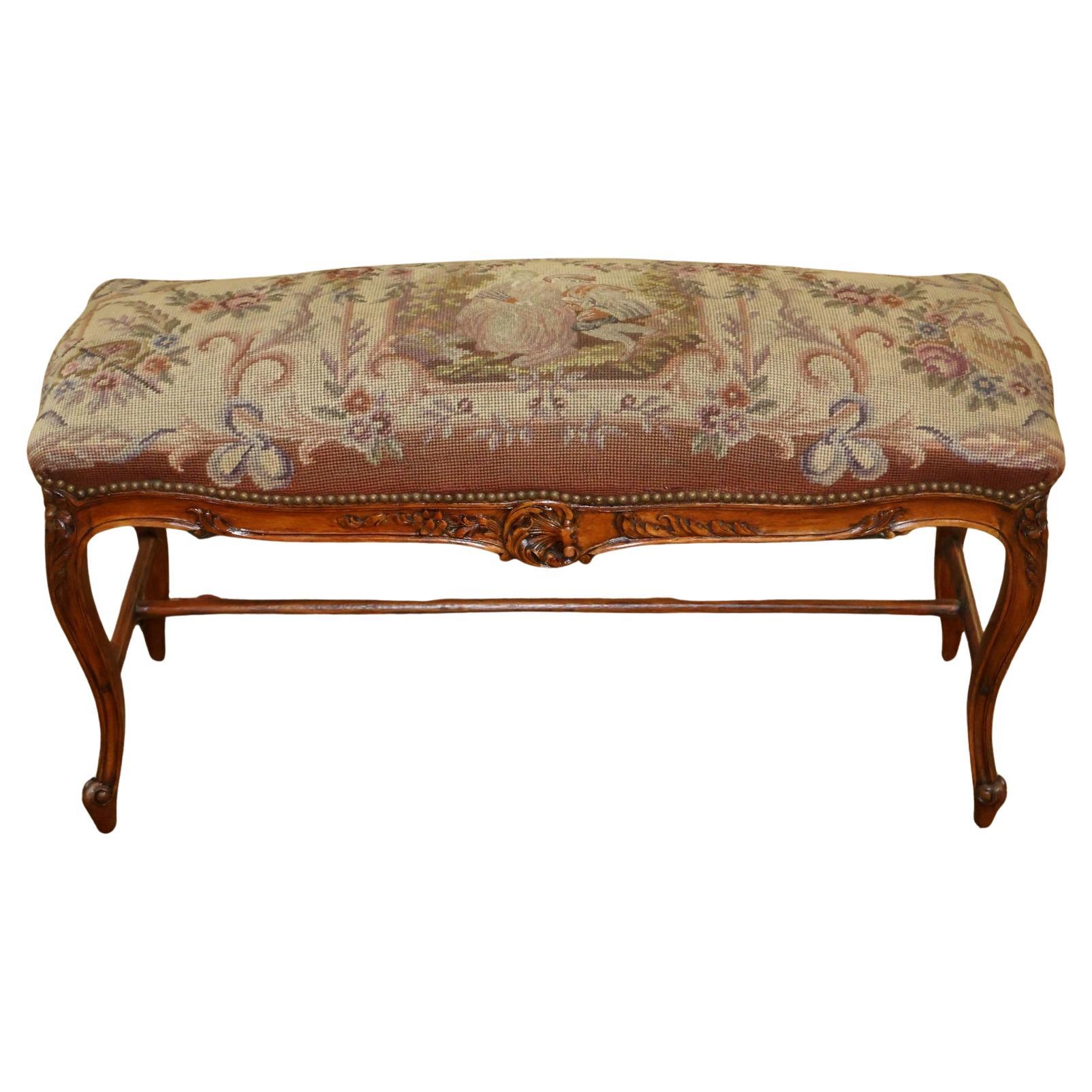 19th Century Louis XV Style French Walnut Needlepoint Petit Point Bench Stool