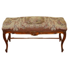 19th Century Louis XV Style French Walnut Needlepoint Petit Point Bench Stool
