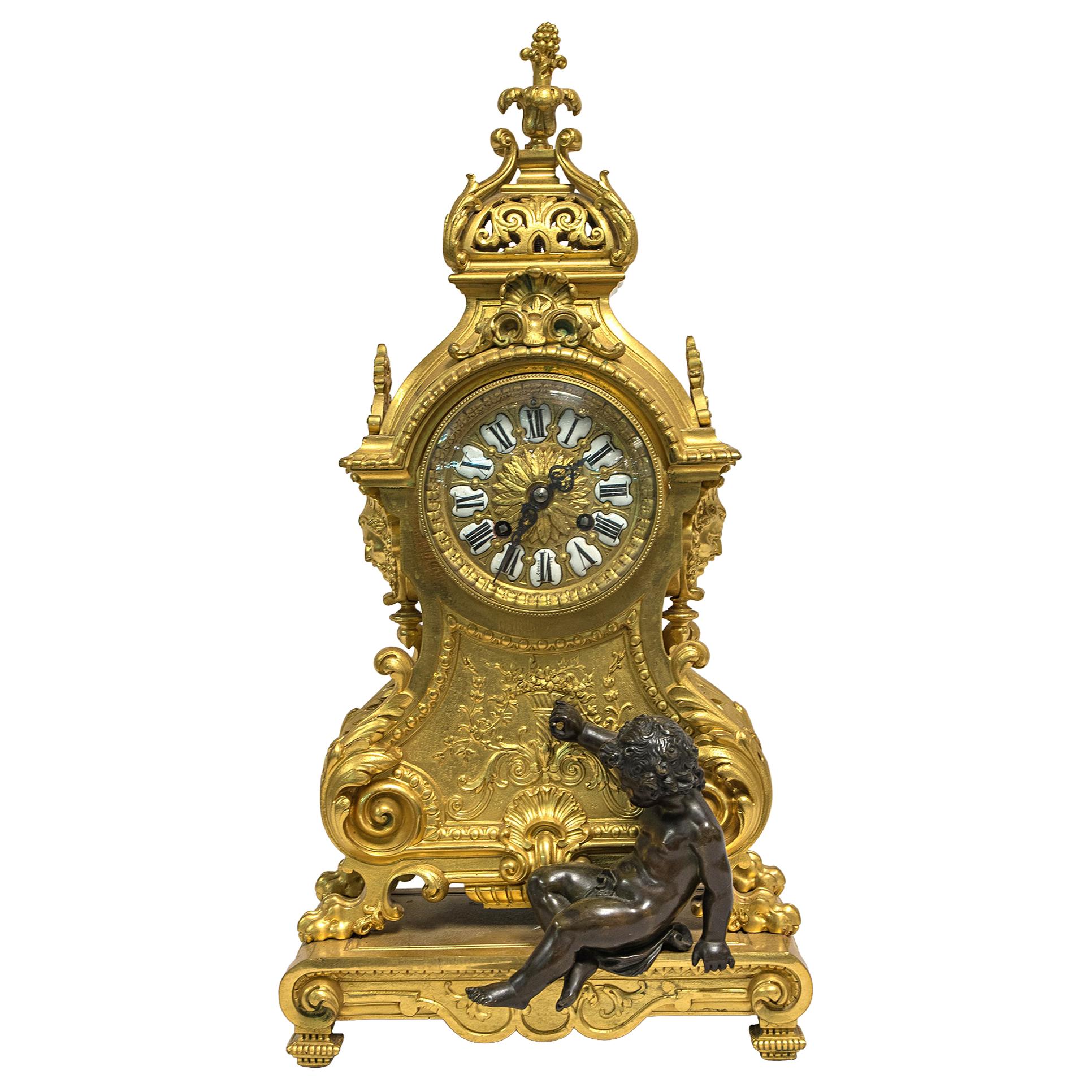 19th Century Louis XV Style Gilt Bronze Figural Mantel Clock by E. Godeau Paris