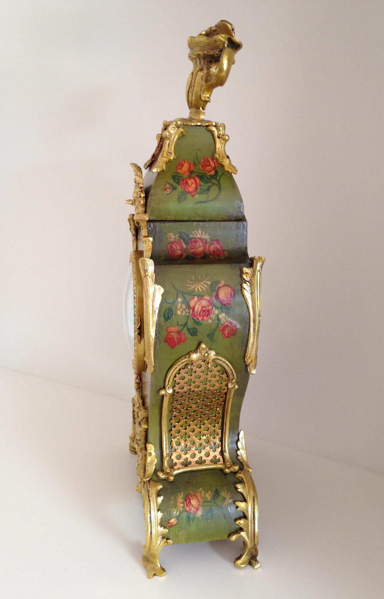 French Louis XV Style Green Floral Decorated Mantel Clock, circa 1830