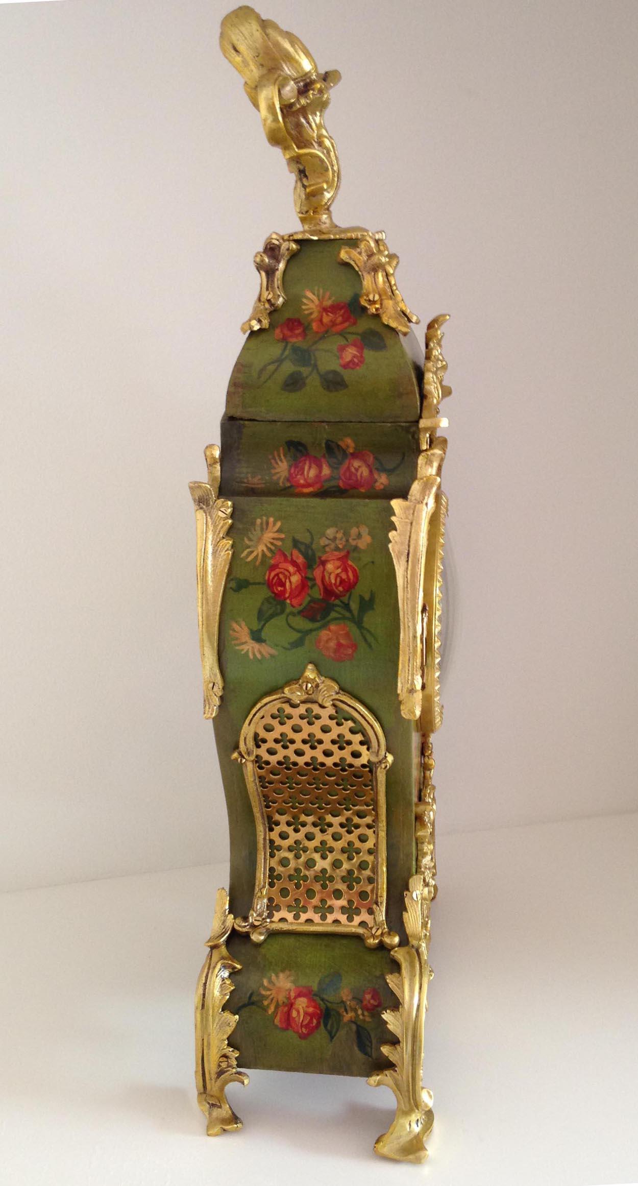 Gilt Louis XV Style Green Floral Decorated Mantel Clock, circa 1830