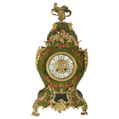 Antique Louis XV Style Green Floral Decorated Mantel Clock, circa 1830