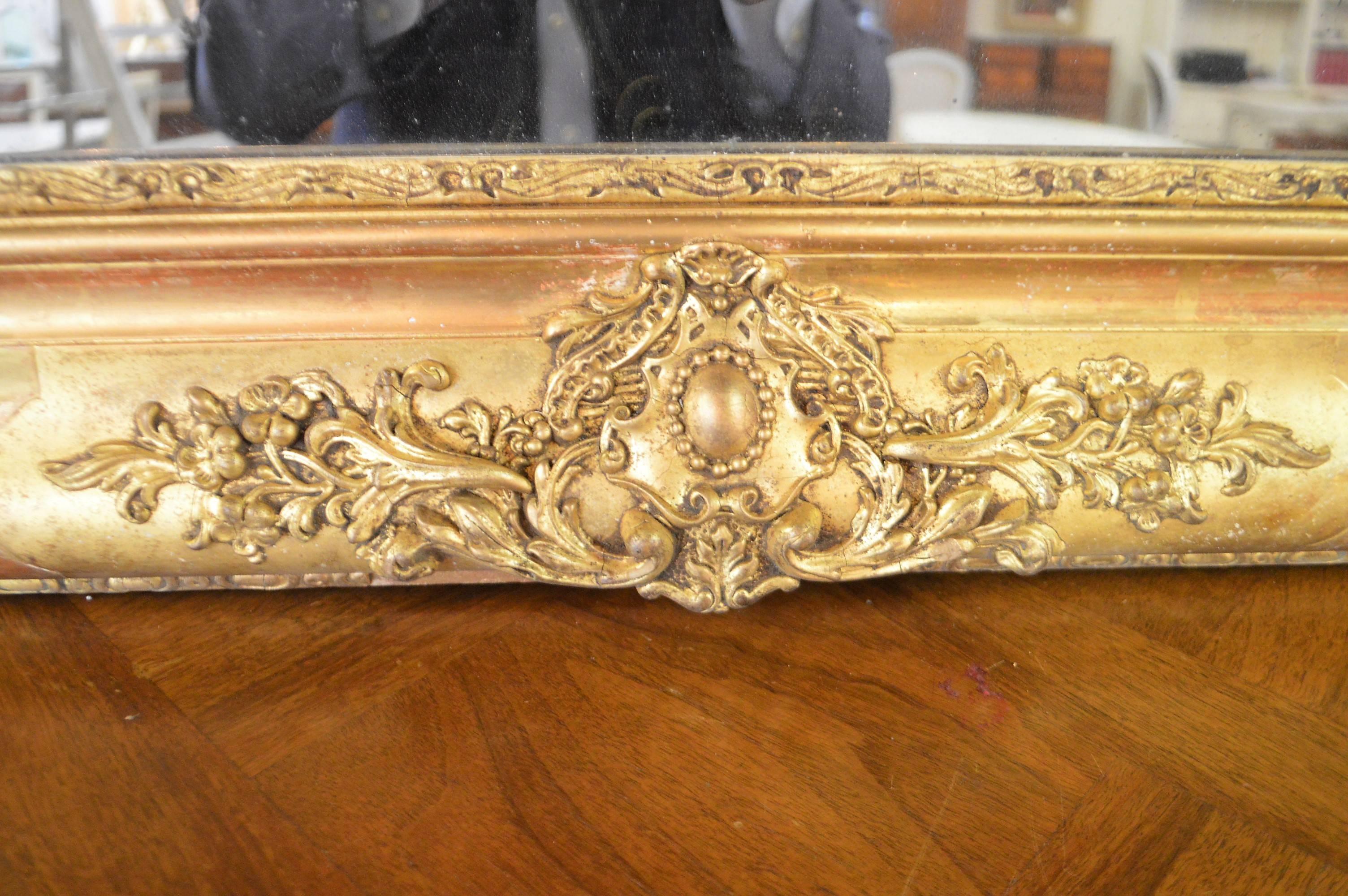 Wood 19th Century Louis XV Style Large Gilded Mirror with Carved Details