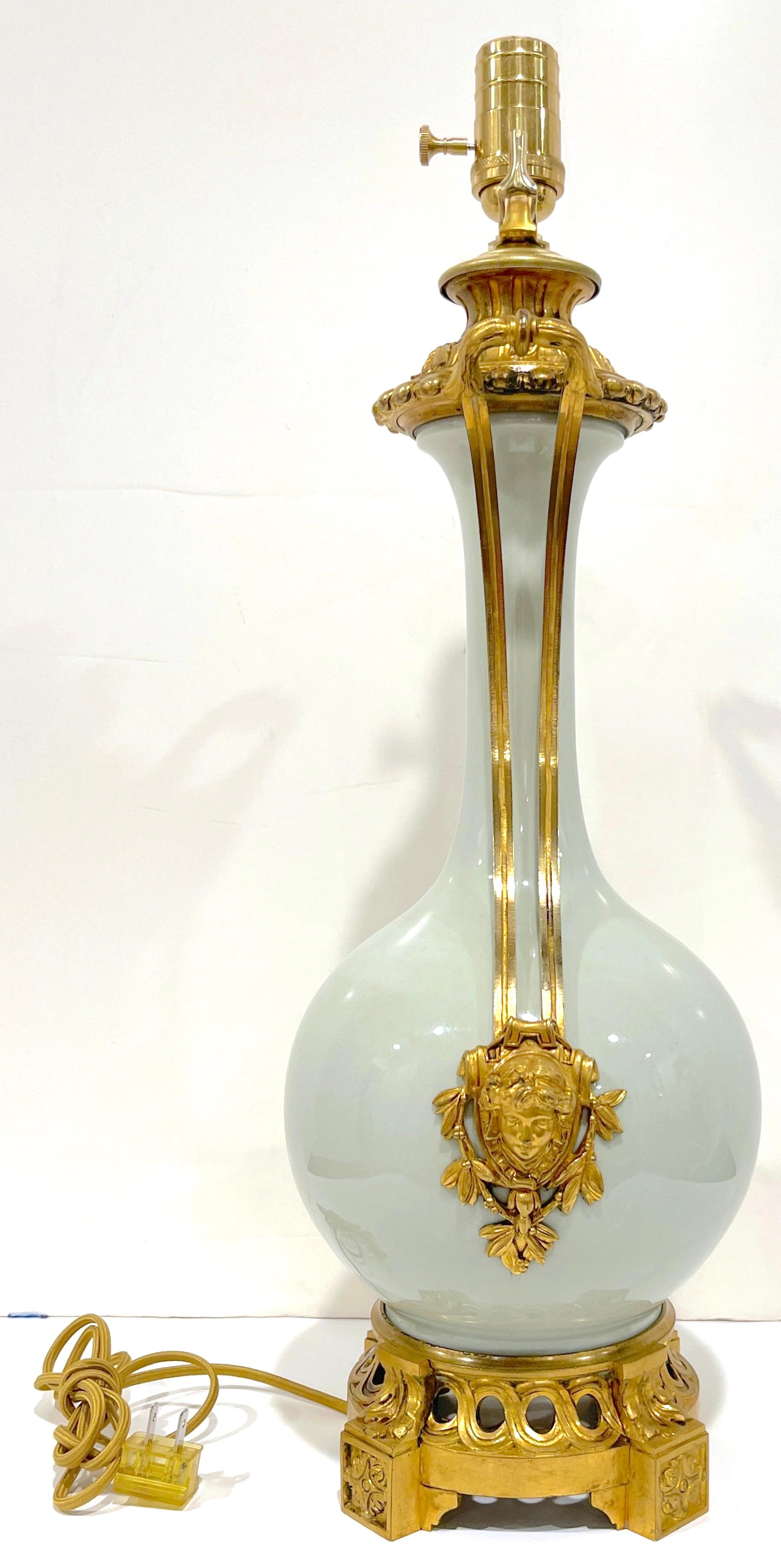 19th Century Louis XV Style Ormolu Mounted Celadon Porcelain Lamp In Good Condition For Sale In West Palm Beach, FL