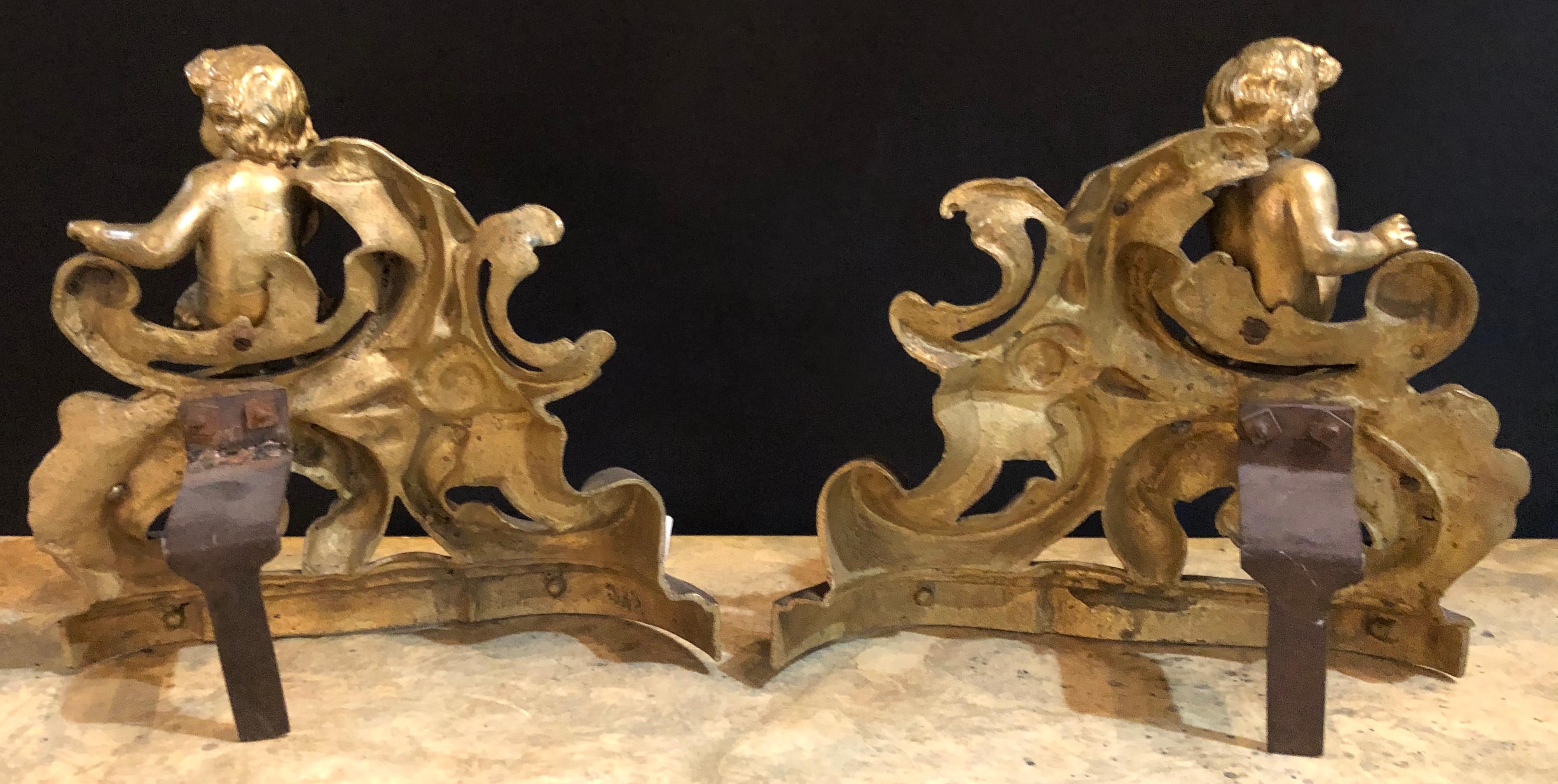 19th Century Louis XV Style Pair of Bronze Cherub Andirons, Opposing Faces 5