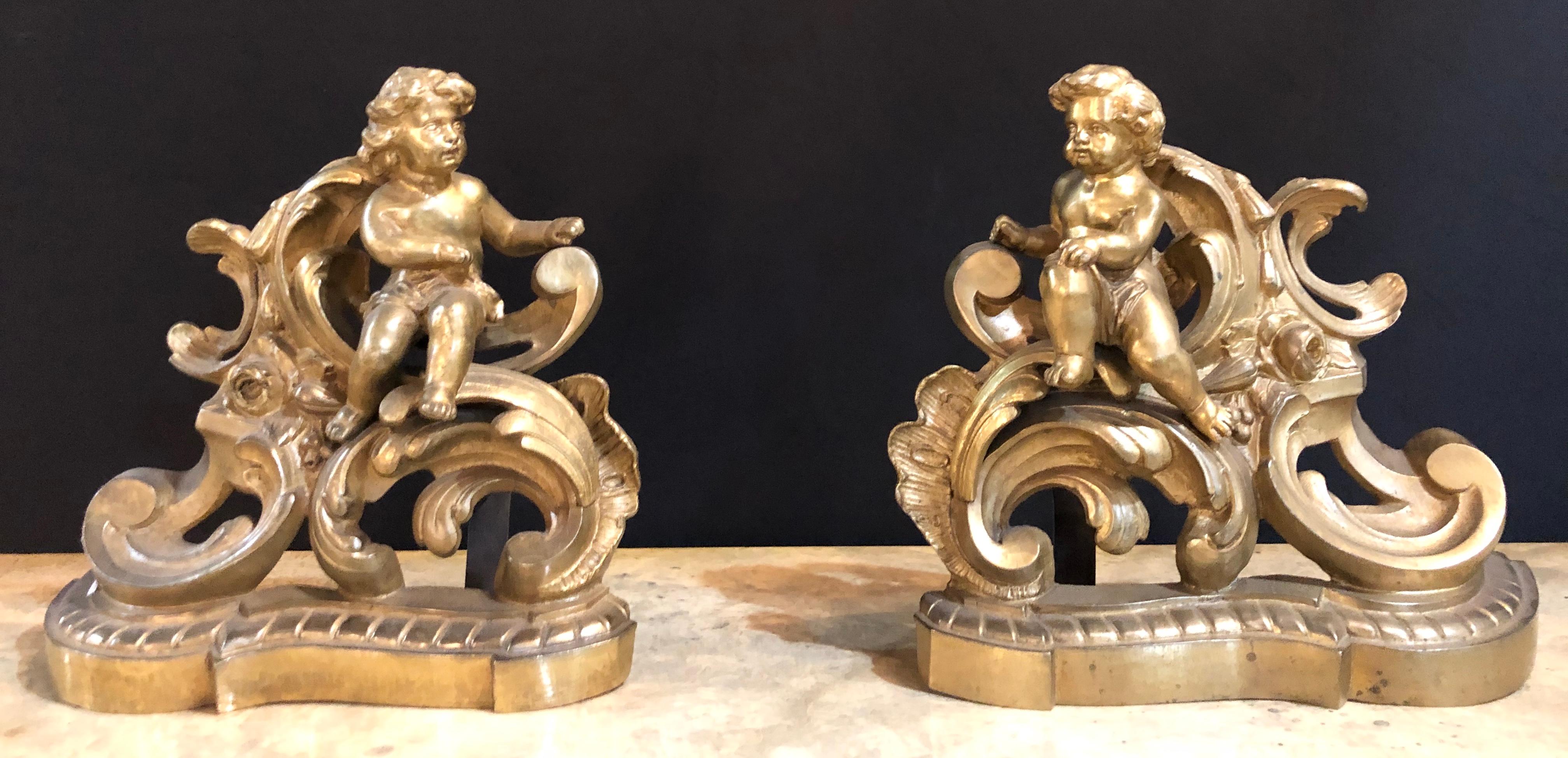 Beaux Arts 19th Century Louis XV Style Pair of Bronze Cherub Andirons, Opposing Faces