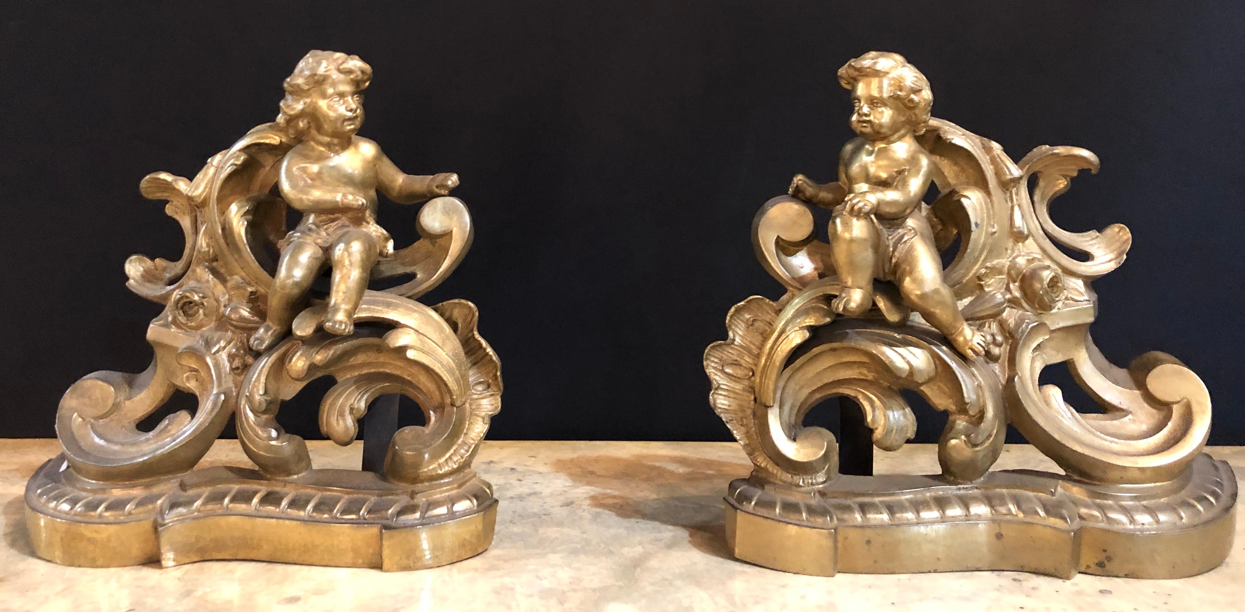 19th Century Louis XV Style Pair of Bronze Cherub Andirons, Opposing Faces In Good Condition In Stamford, CT