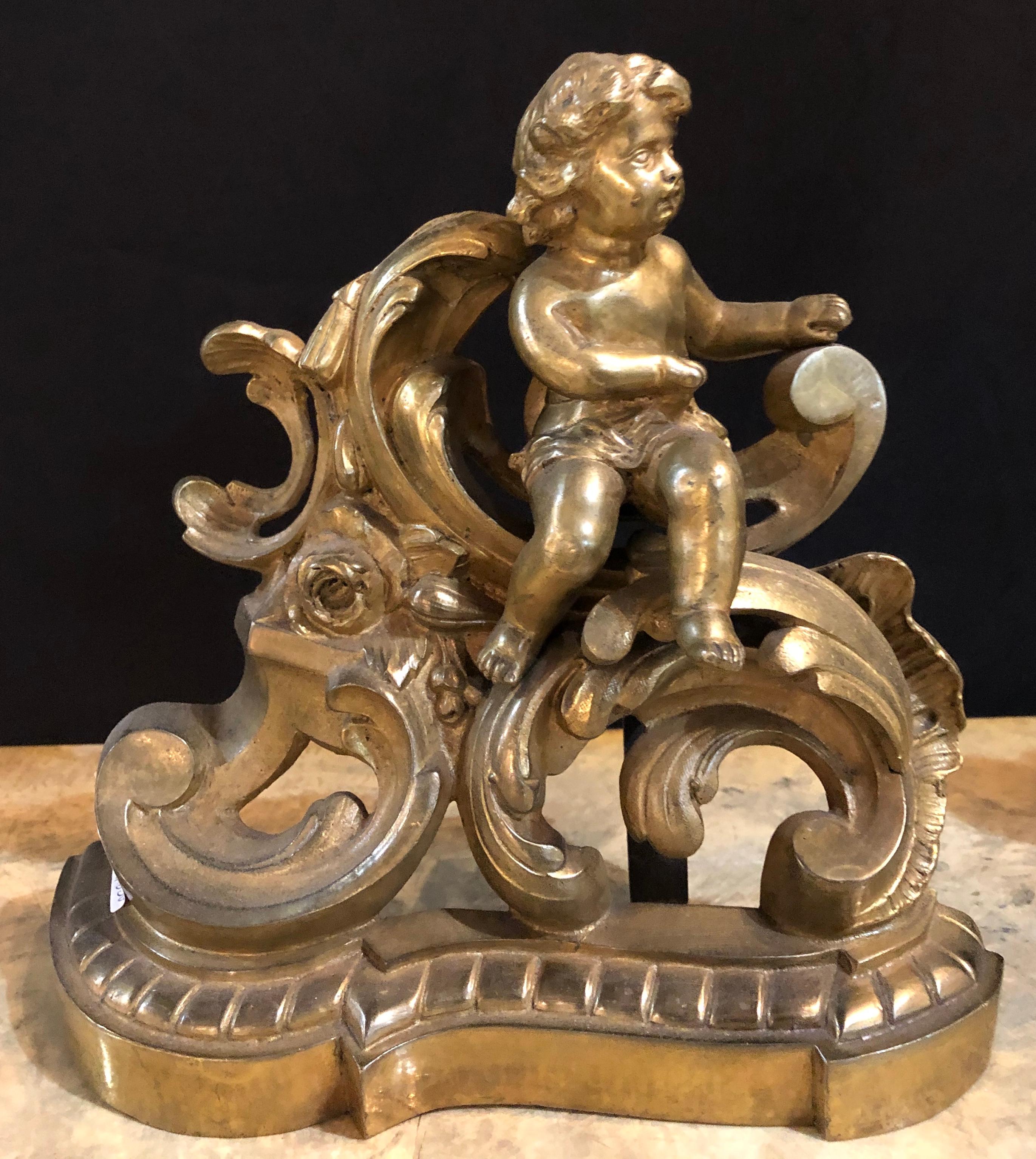 Mid-20th Century 19th Century Louis XV Style Pair of Bronze Cherub Andirons, Opposing Faces