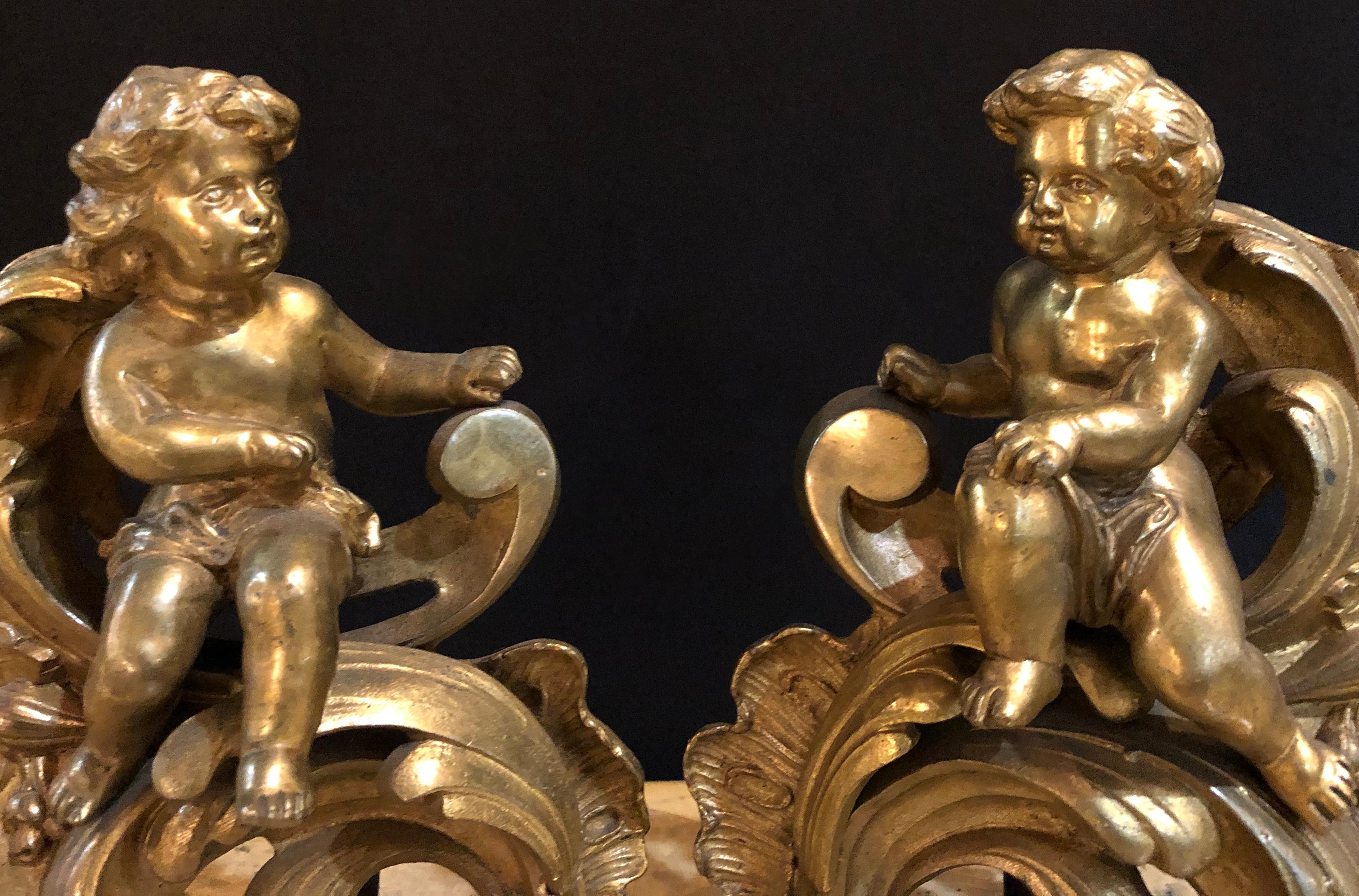 19th Century Louis XV Style Pair of Bronze Cherub Andirons, Opposing Faces 1