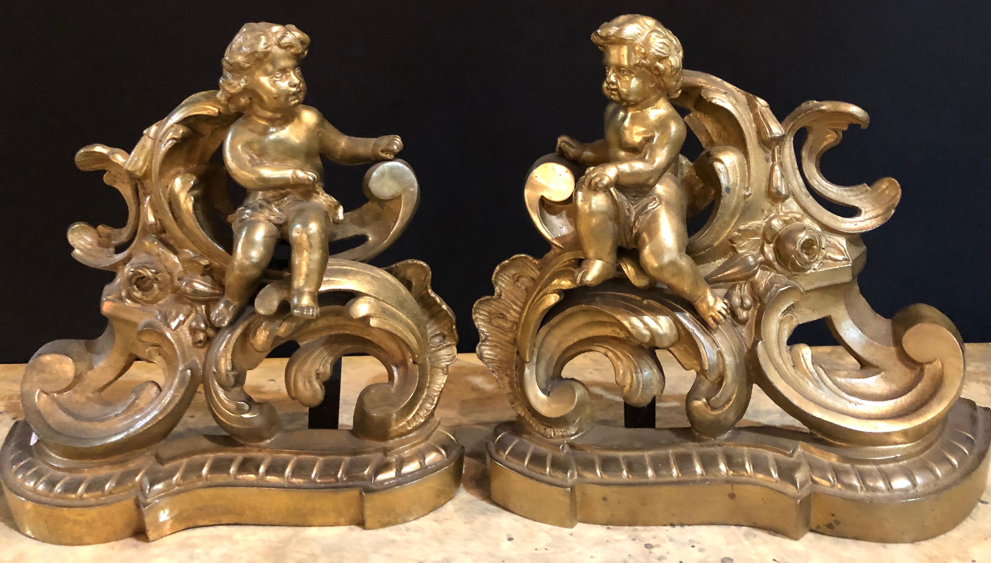 19th Century Louis XV Style Pair of Bronze Cherub Andirons, Opposing Faces 2