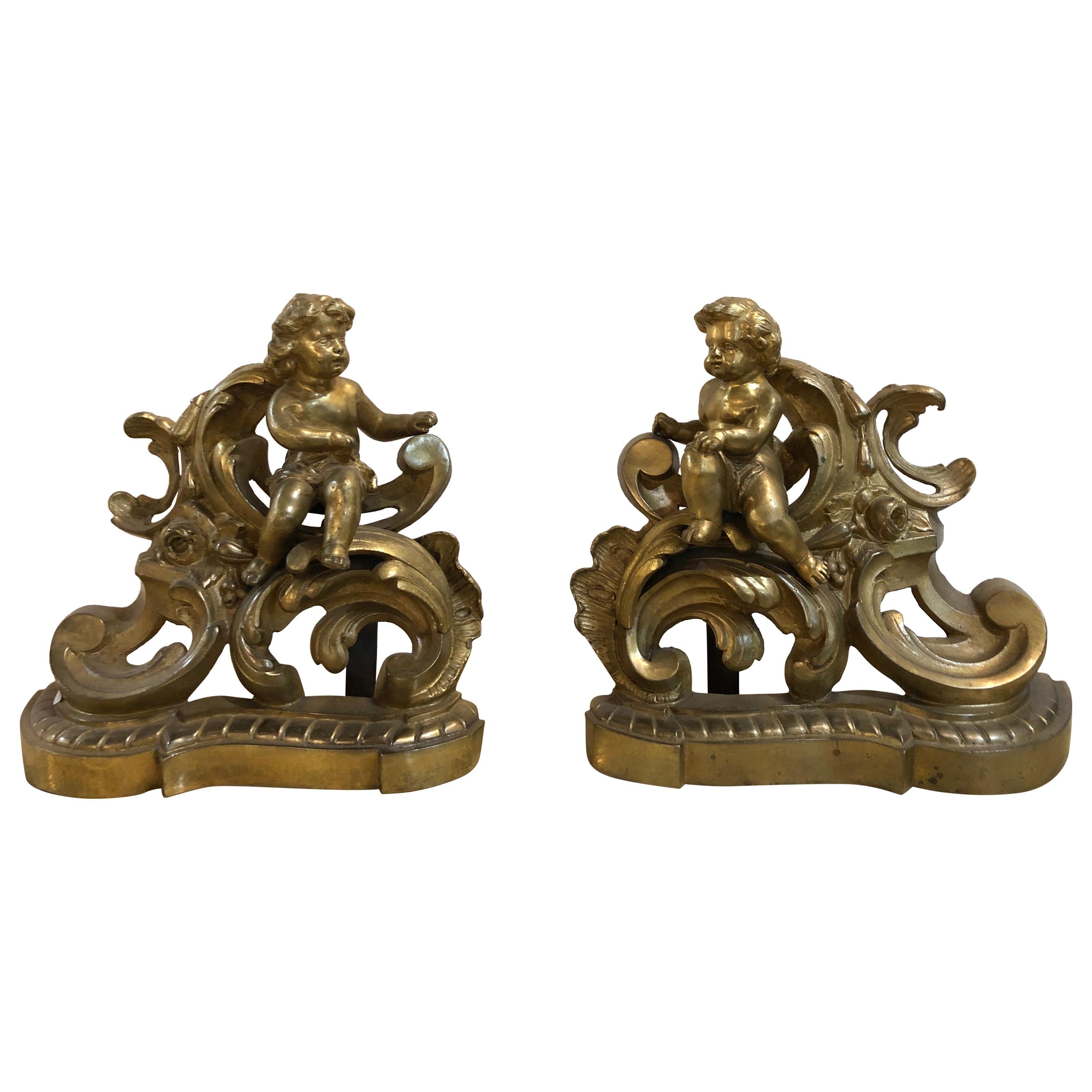19th Century Louis XV Style Pair of Bronze Cherub Andirons, Opposing Faces