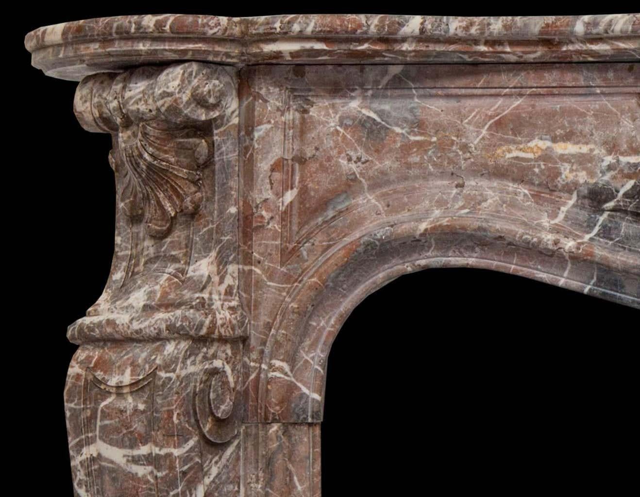 French 19th Century Louis XV Style Soft Rouge Marble Fireplace Surround For Sale