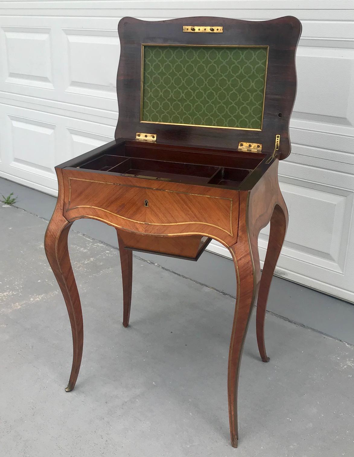 19th century Louis XV style tulipwood parquetry sewing table

Ladies small sewing table with a lift-up lid. The interior has the original velvet inset. Beneath is a tray containing compartments for sewing accessories. The base is fitted with a