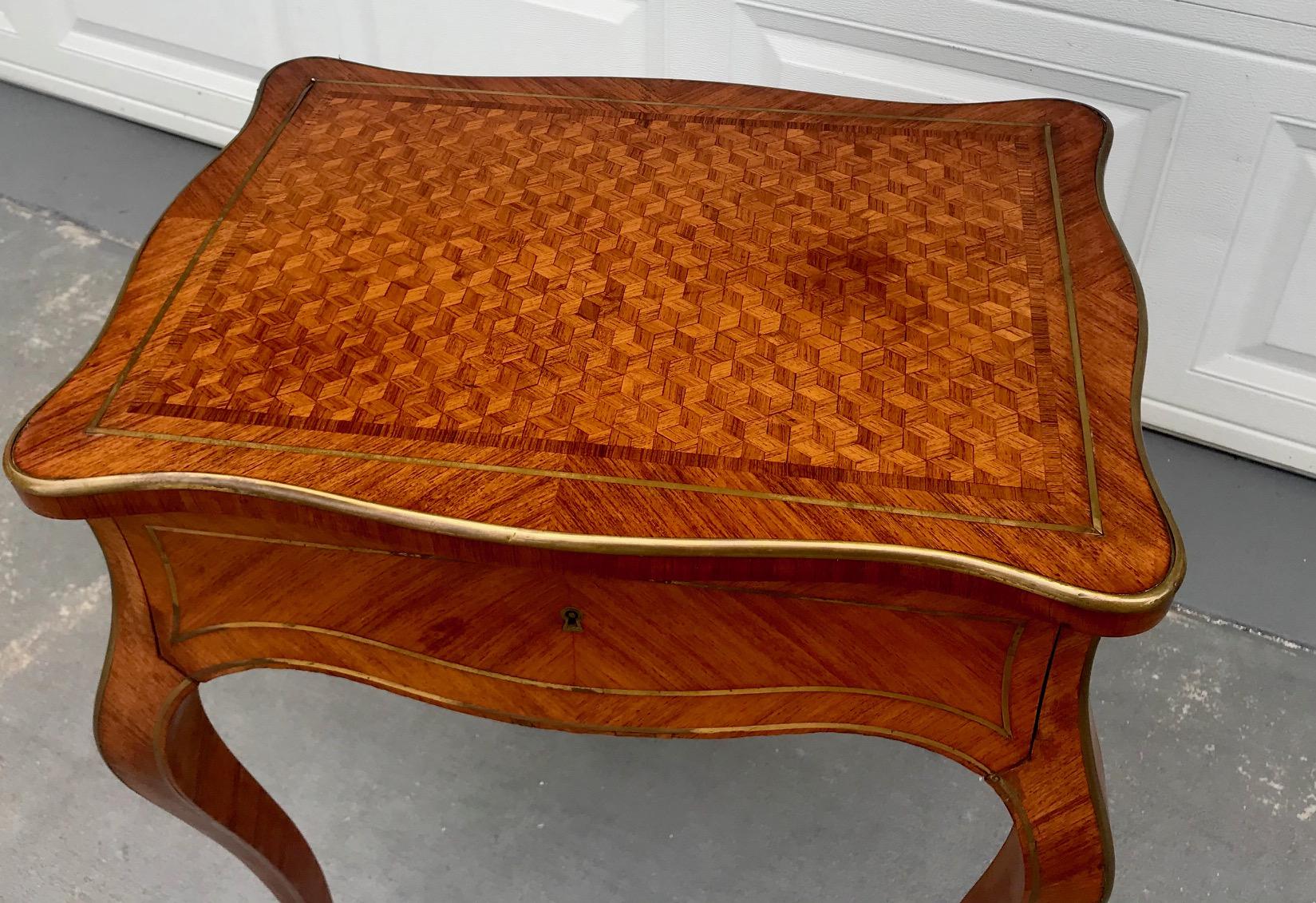Inlay 19th Century Louis XV Style Tulipwood Parquetry Sewing Table For Sale