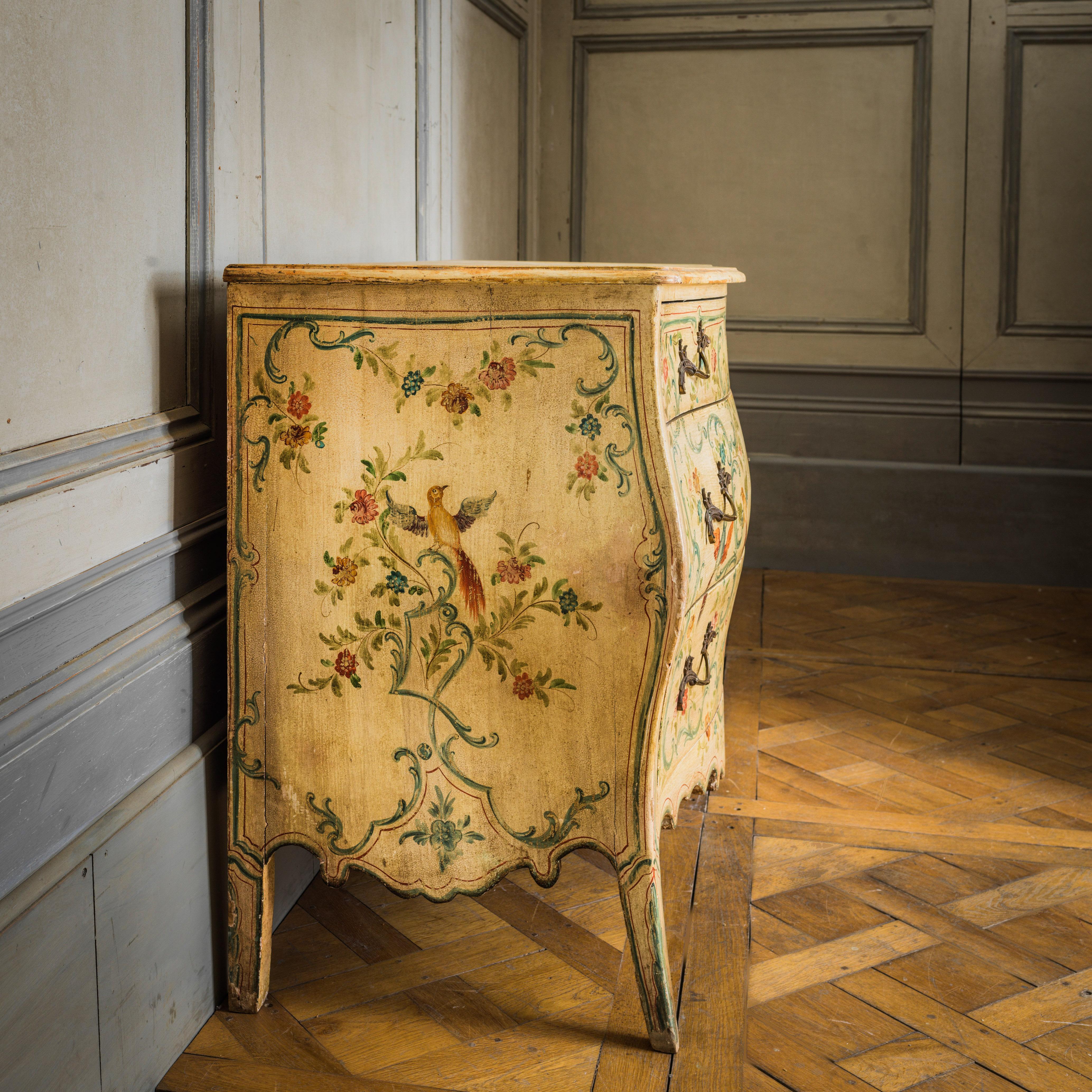 Rococo 19th Century Louis XV Style Venetian Painted Bombe Chest Of Drawers