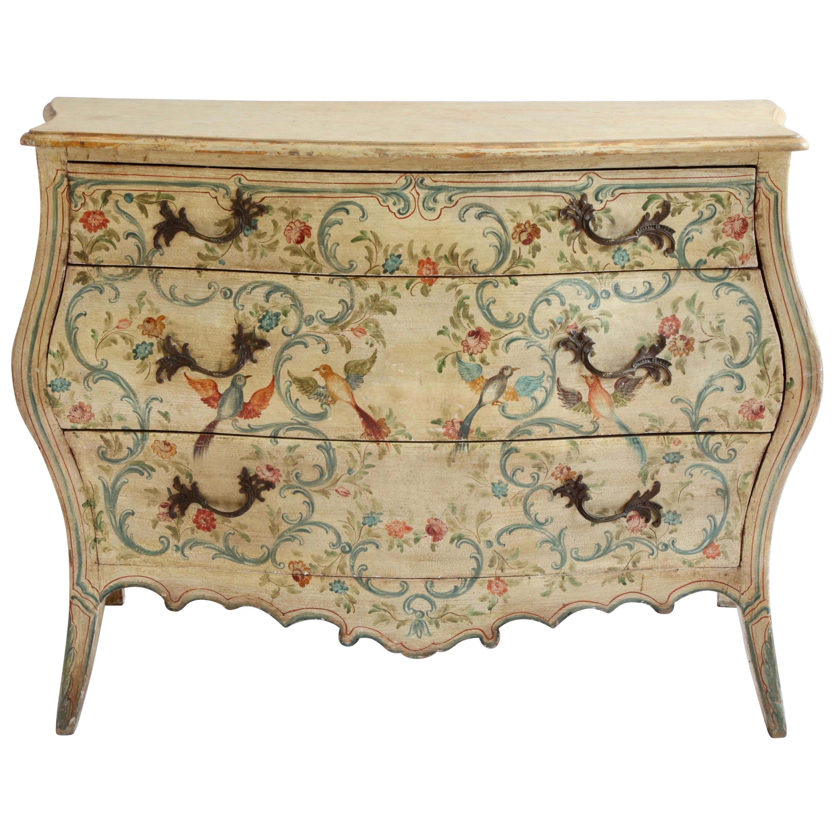 19th Century Louis XV Style Venetian Painted Bombe Chest Of Drawers