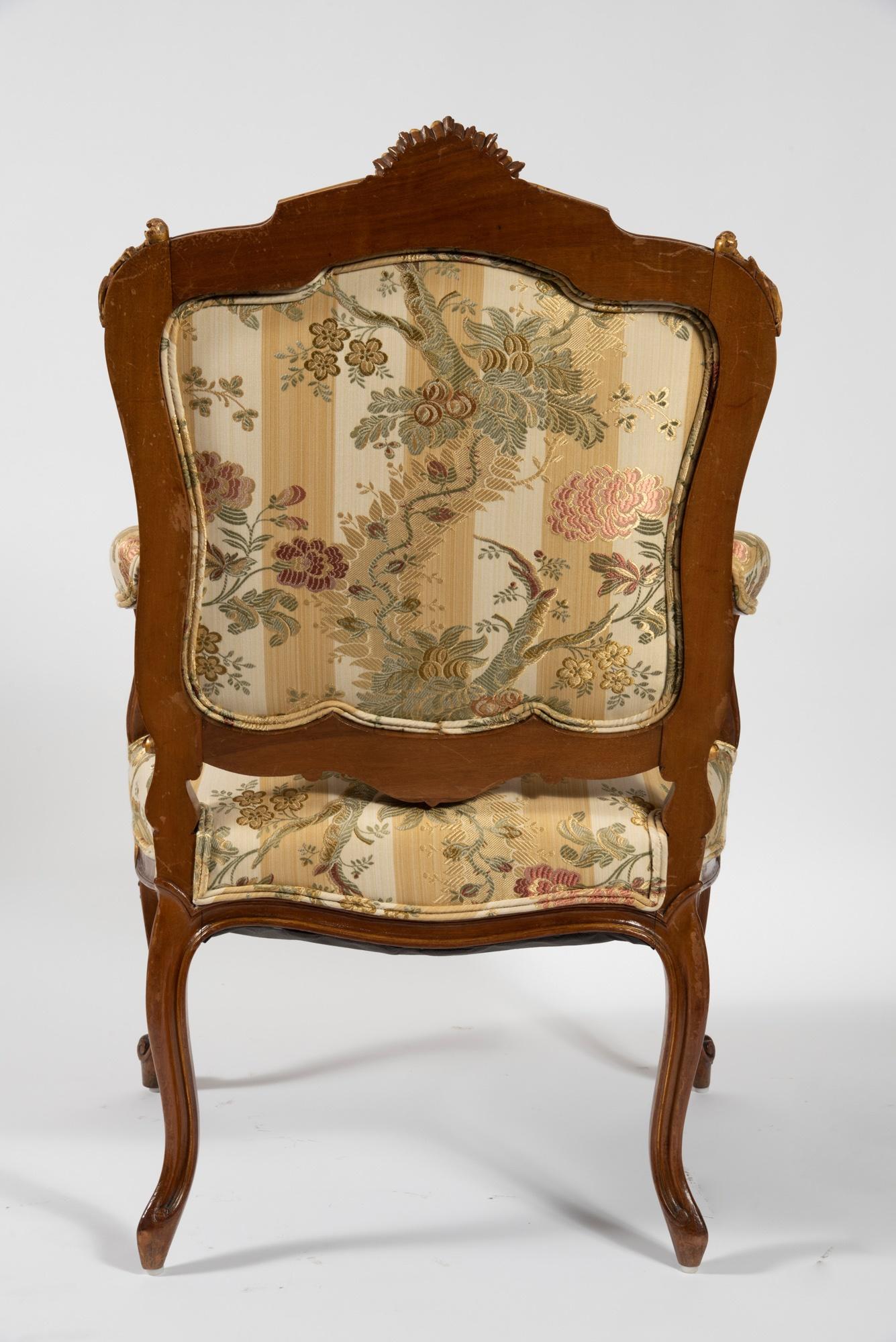 Hand-Carved 19th Century Louis XV Style Walnut Framed Pair French Bergères / Armchairs For Sale