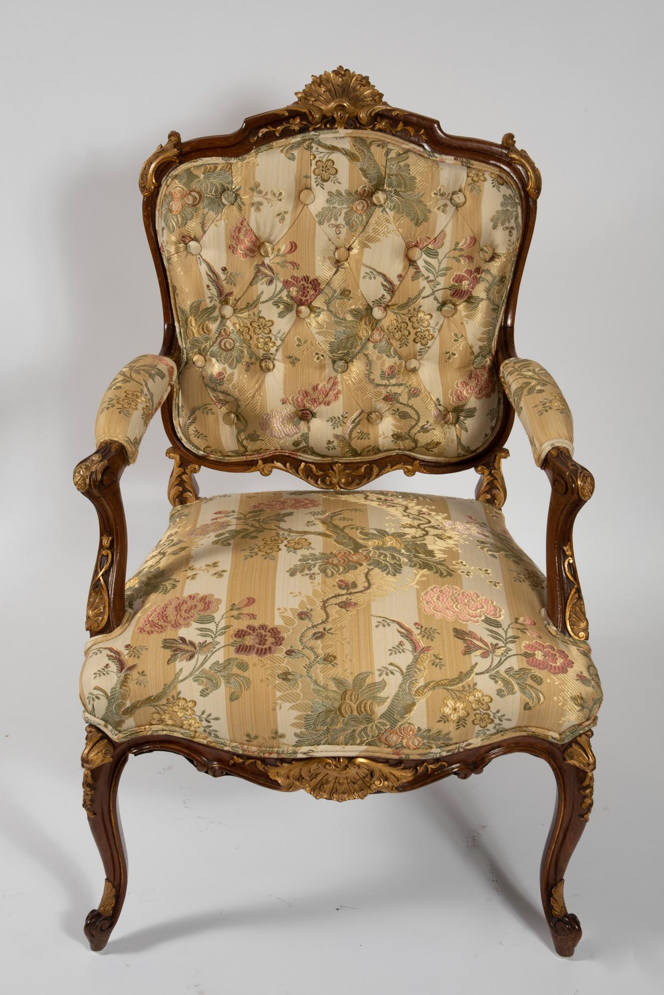 Mid-20th Century 19th Century Louis XV Style Walnut Framed Pair French Bergères / Armchairs For Sale