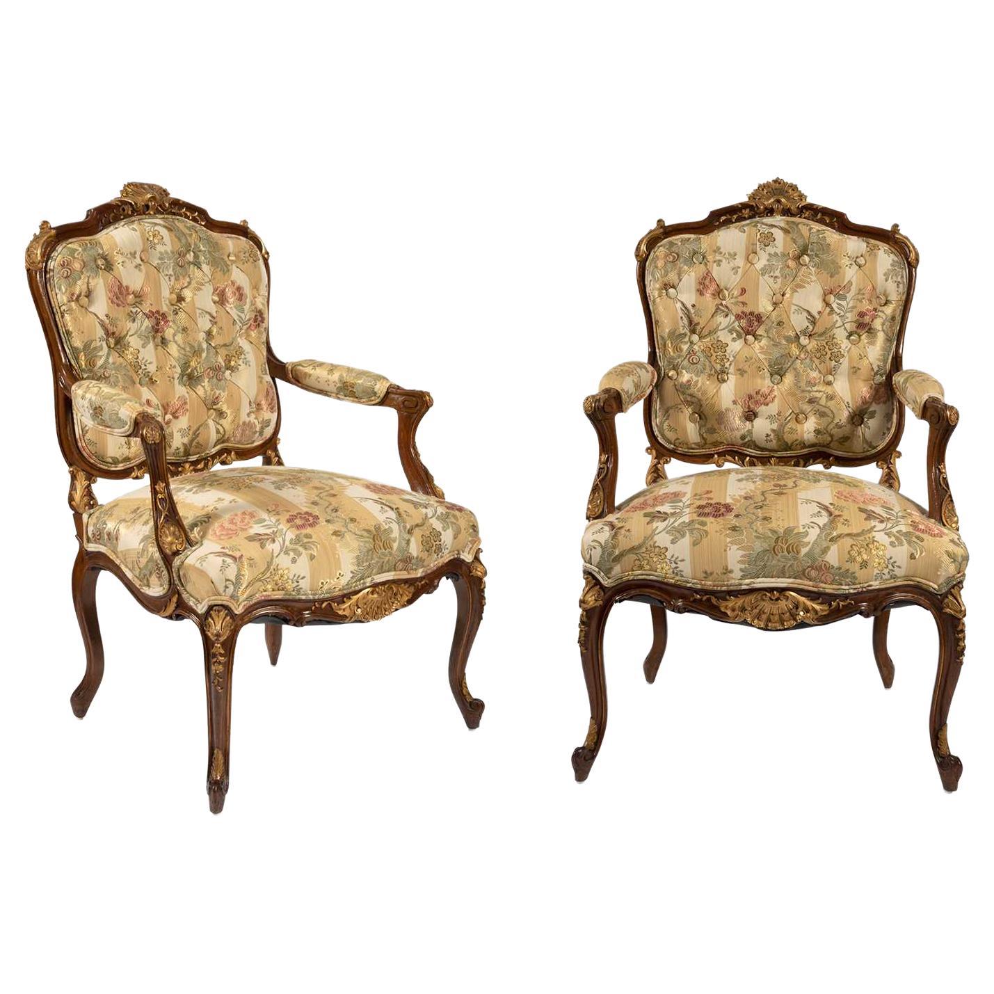 19th Century Louis XV Style Walnut Framed Pair French Bergères / Armchairs For Sale