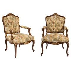 Used 19th Century Louis XV Style Walnut Framed Pair French Bergères / Armchairs