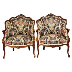 19th Century Pair of French Louis XV Walnut Bergères Chairs