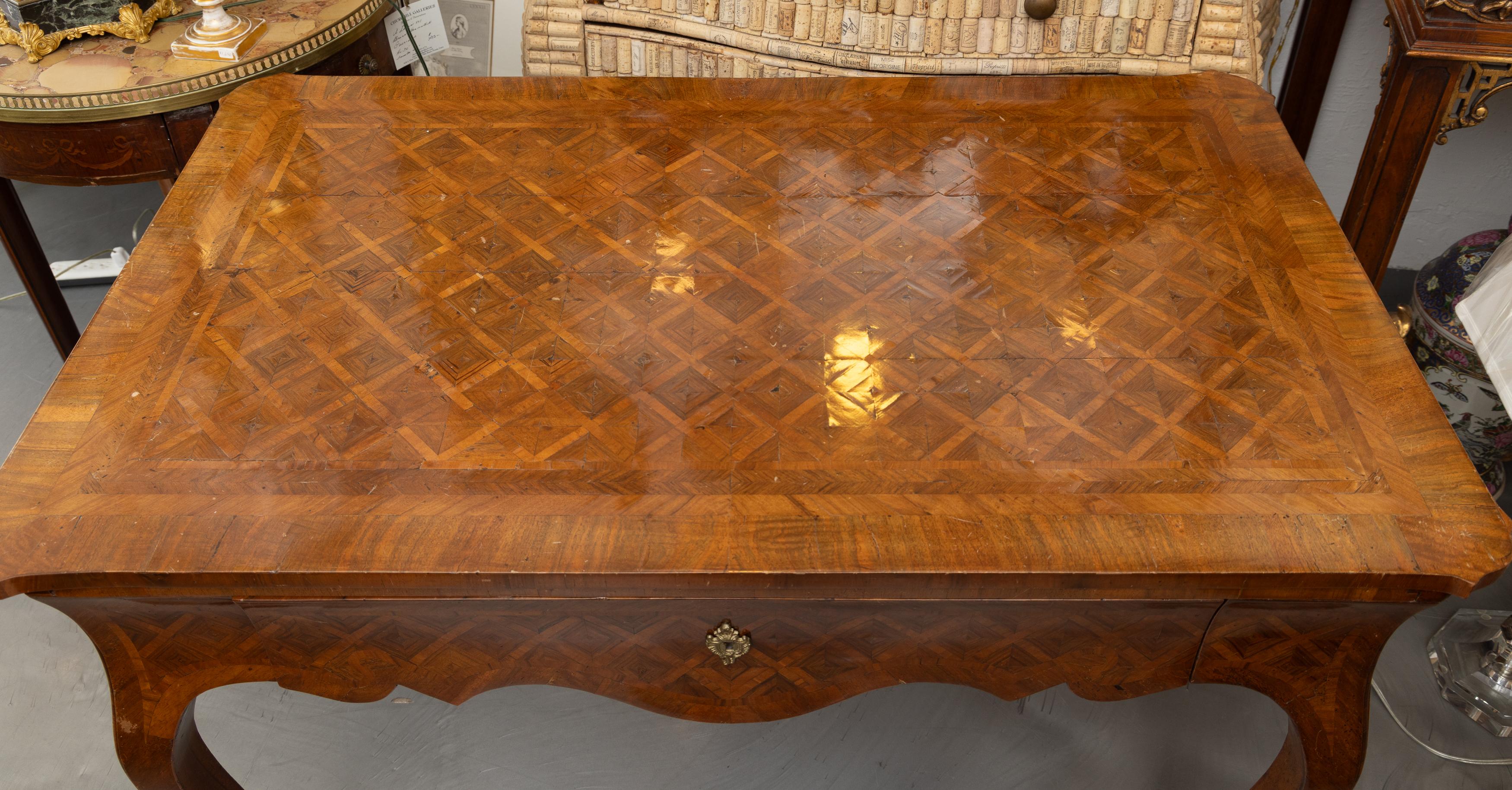 19th Century Louis XV Style Walnut Parquetry Writing Table with Brush Slide For Sale 5
