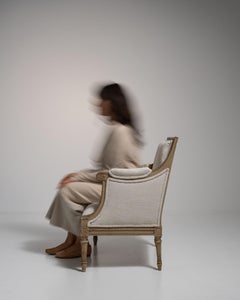 19th Century Louis XVI Armchair, Cream Wood & Fabric, French Design