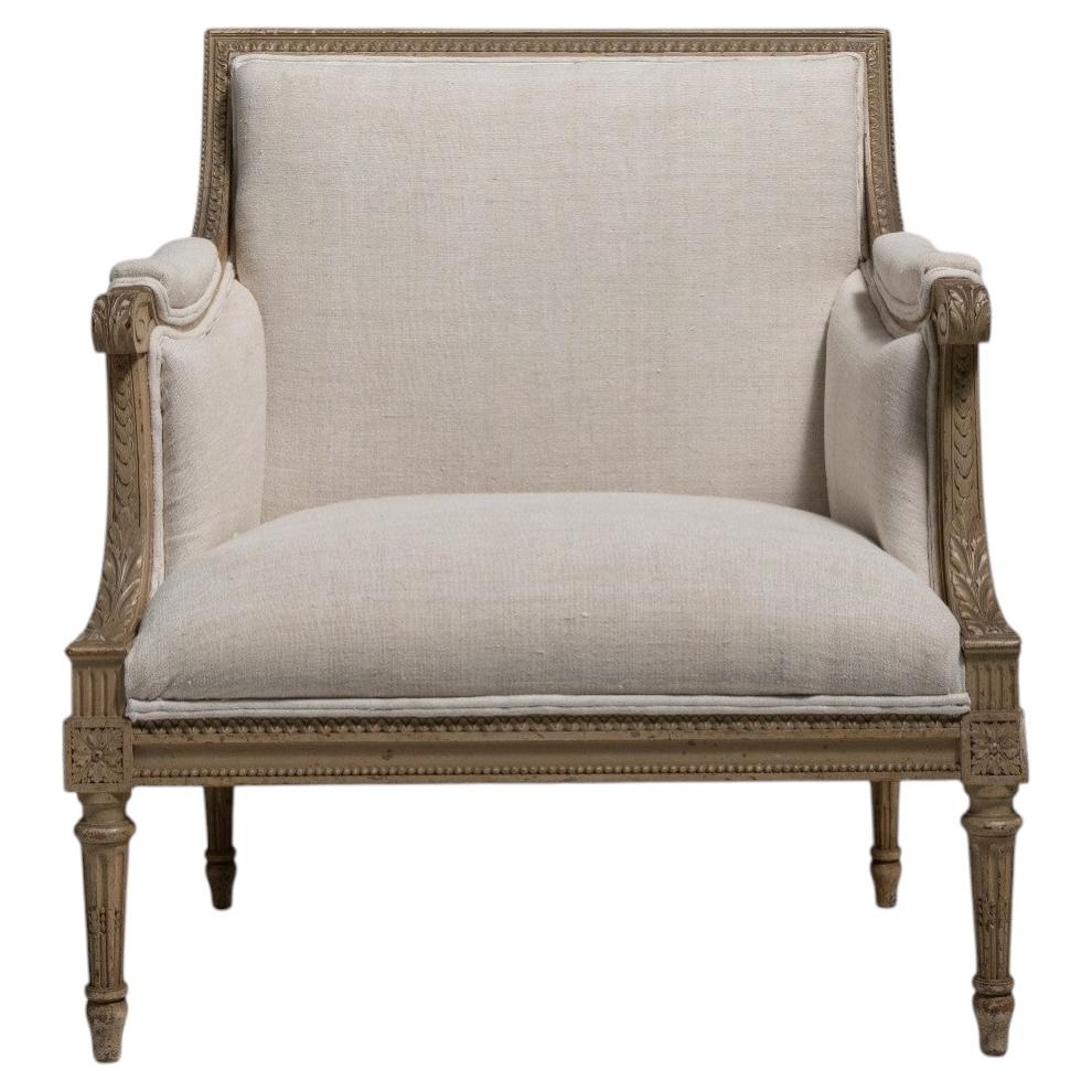 19th Century Louis XVI Armchair, Cream Wood & Fabric, French Design
