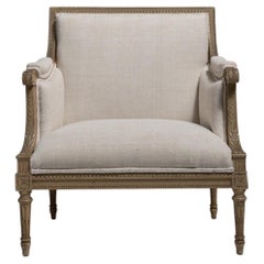 19th Century Louis XVI Armchair, Cream Wood & Fabric, French Design