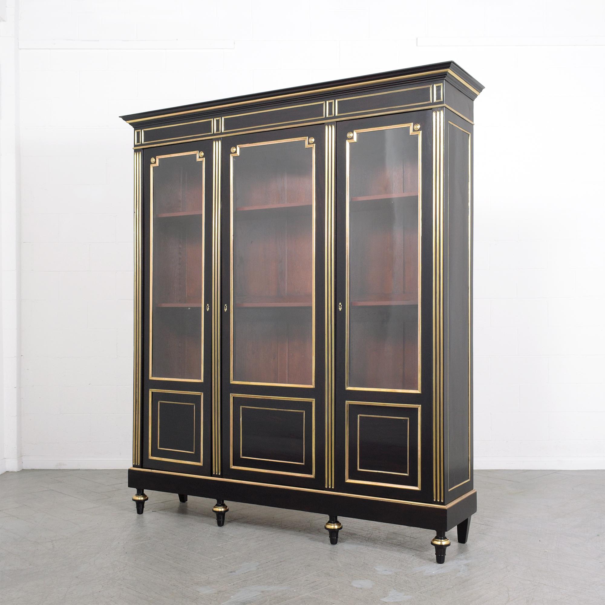 1870s Antique Louis XVI Mahogany Bookcase with Brass Moldings and Glass Doors For Sale 4
