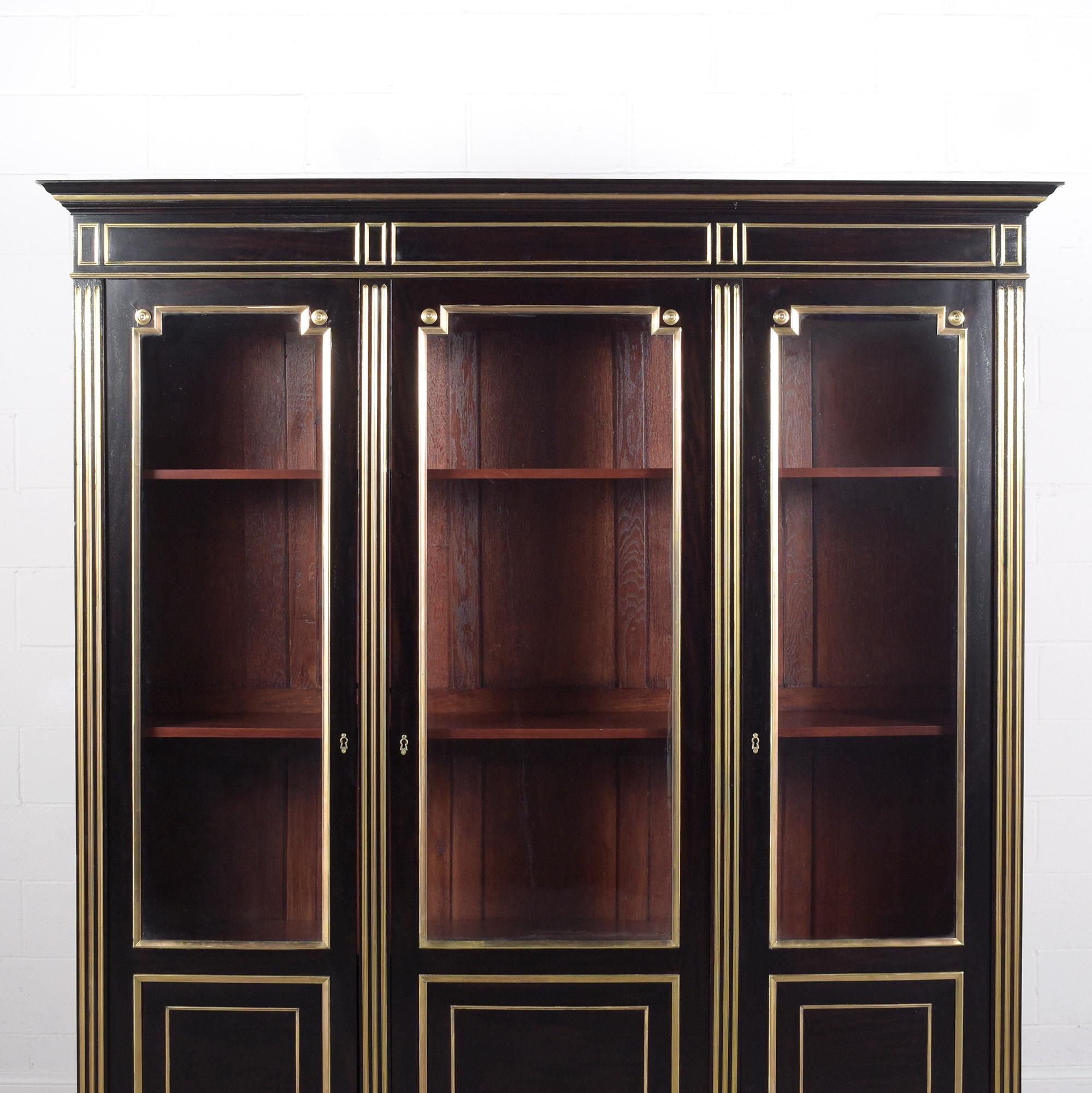 Louis XIV 1870s Antique Louis XVI Mahogany Bookcase with Brass Moldings and Glass Doors For Sale