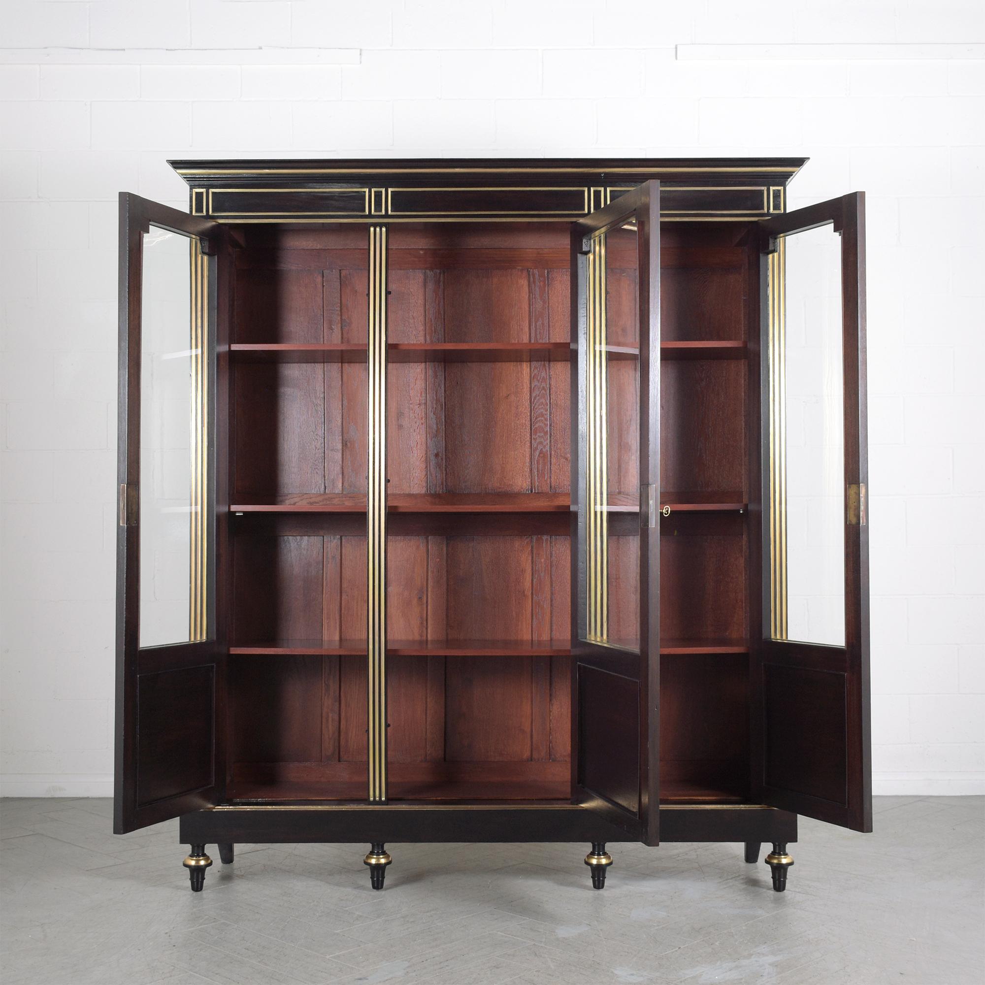 19th Century 1870s Antique Louis XVI Mahogany Bookcase with Brass Moldings and Glass Doors For Sale