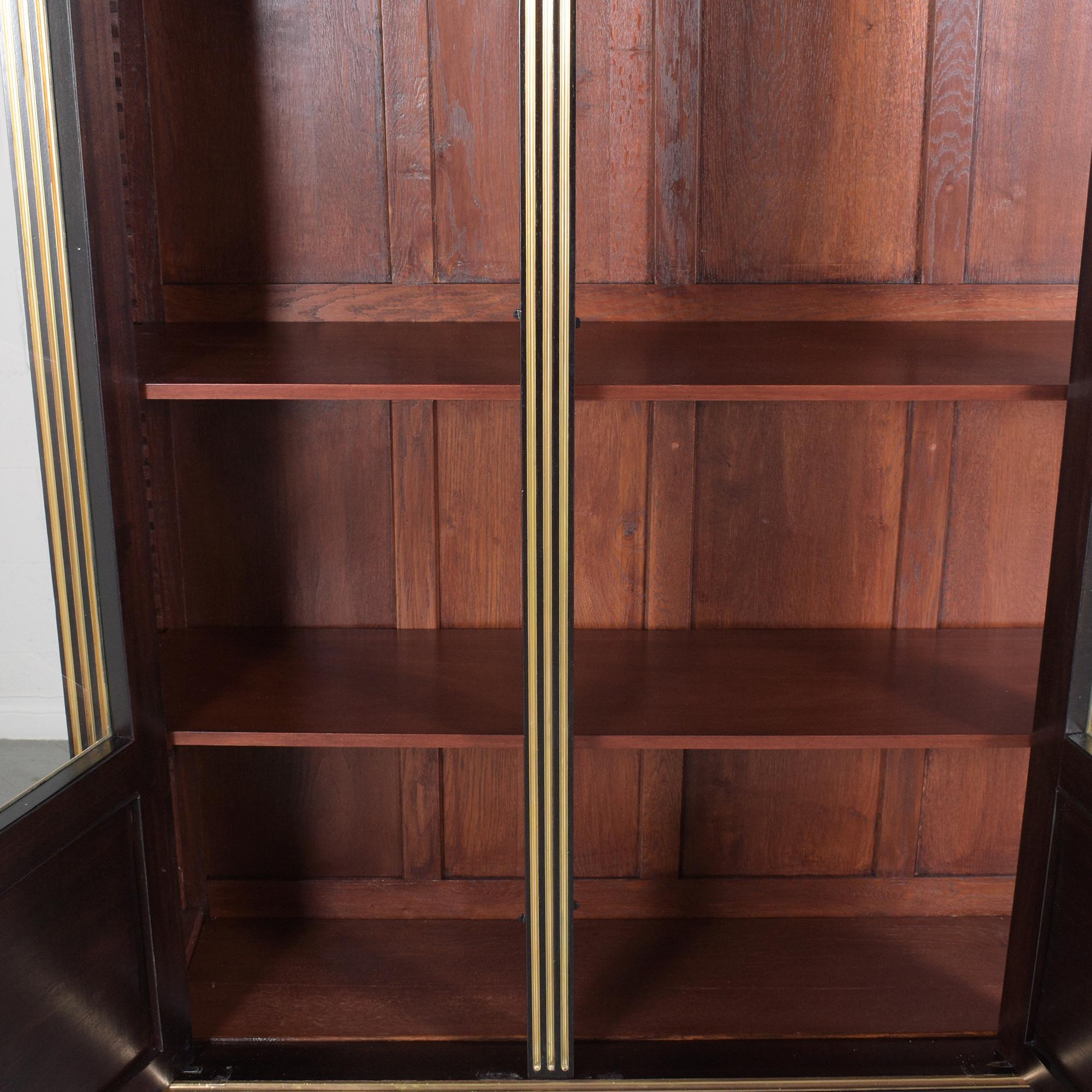 Lacquer 1870s Antique Louis XVI Mahogany Bookcase with Brass Moldings and Glass Doors For Sale
